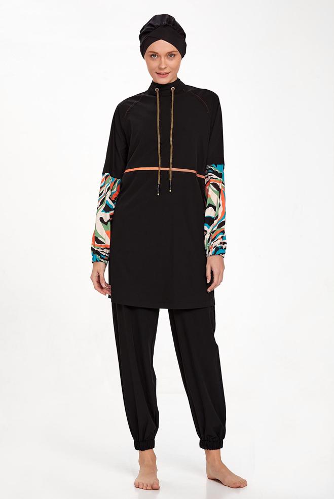 Vêtements hijab NOIR MAILLOT DE BAIN HIJAB À MOTIFS 4576 - ALVİNA