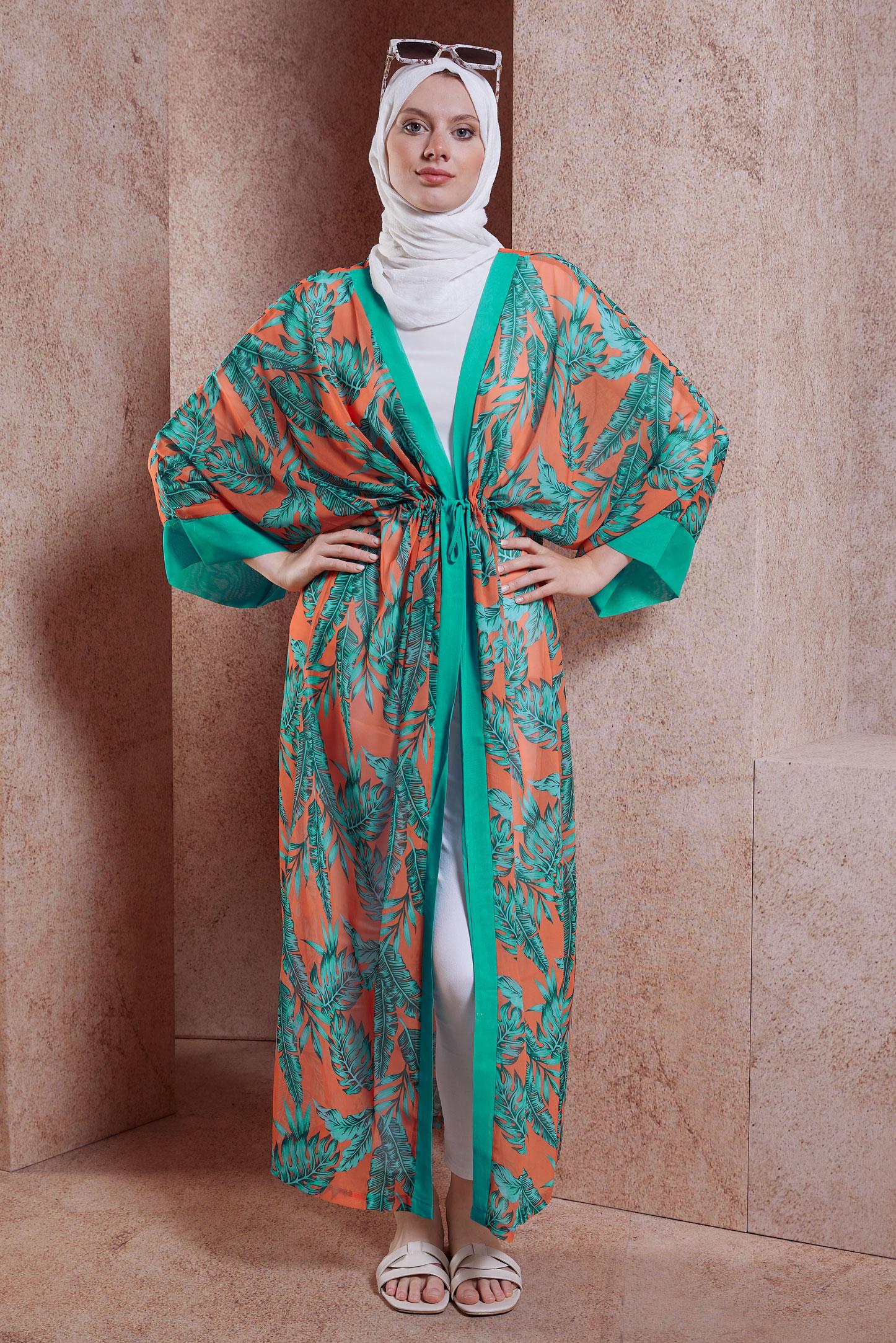 Tesettür giyim TURUNCU YARASA KOL DESENLİ PAREO 6124