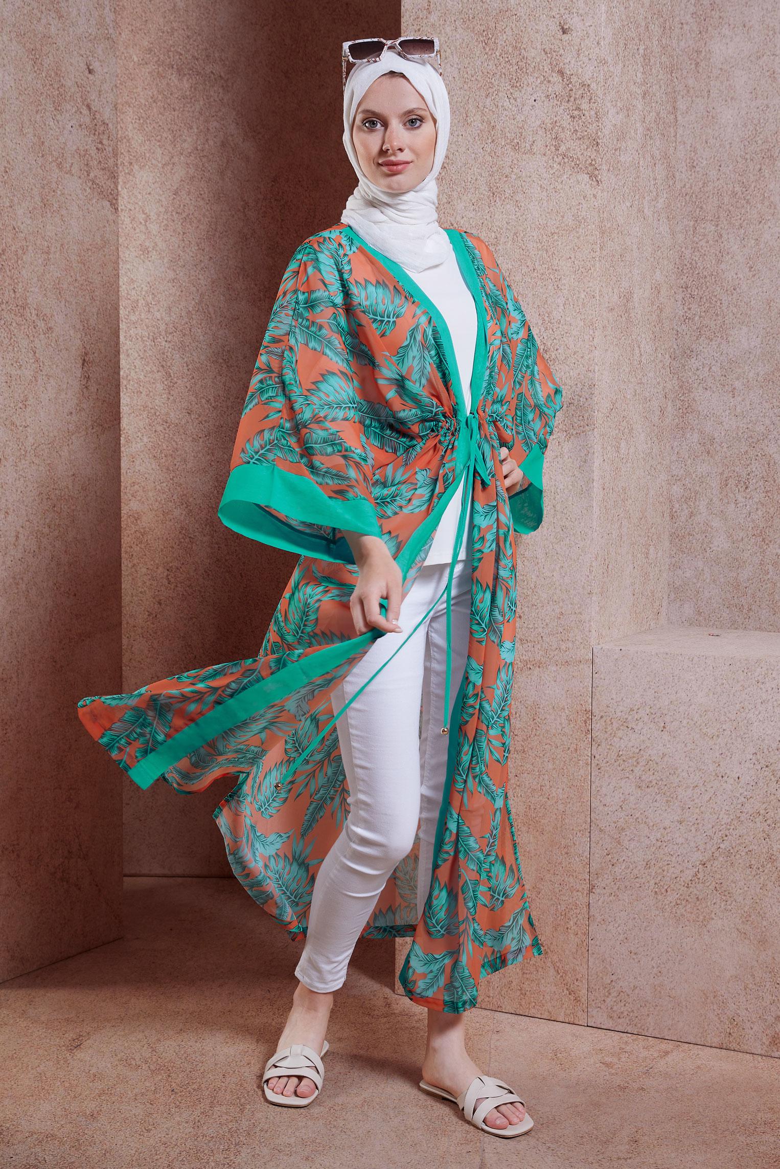 Tesettür giyim TURUNCU YARASA KOL DESENLİ PAREO 6124