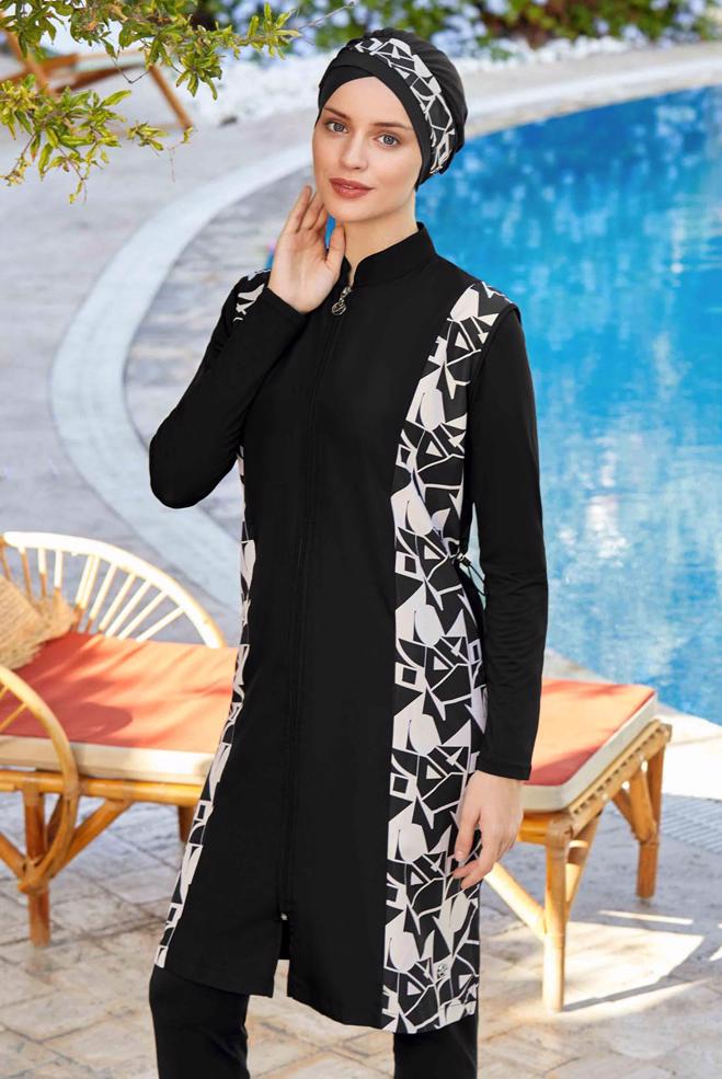 Vêtements hijab NOIR MAILLOT DE BAIN HIJAB À MOTIFS 8240 - ALVİNA