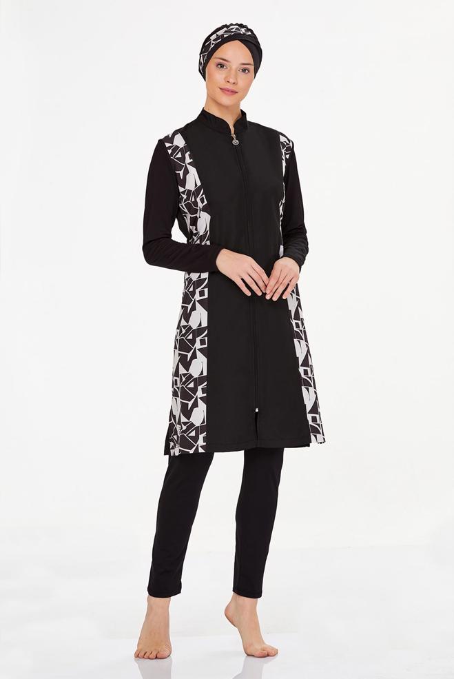 Vêtements hijab NOIR MAILLOT DE BAIN HIJAB À MOTIFS 8240 - ALVİNA