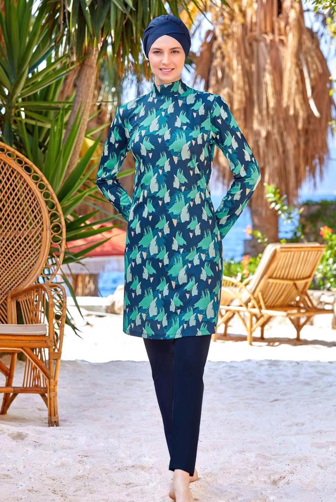 Vêtements hijab BLEU MARINE MAILLOT DE BAIN HIJAB À MOTIFS 9203 - ALVİNA