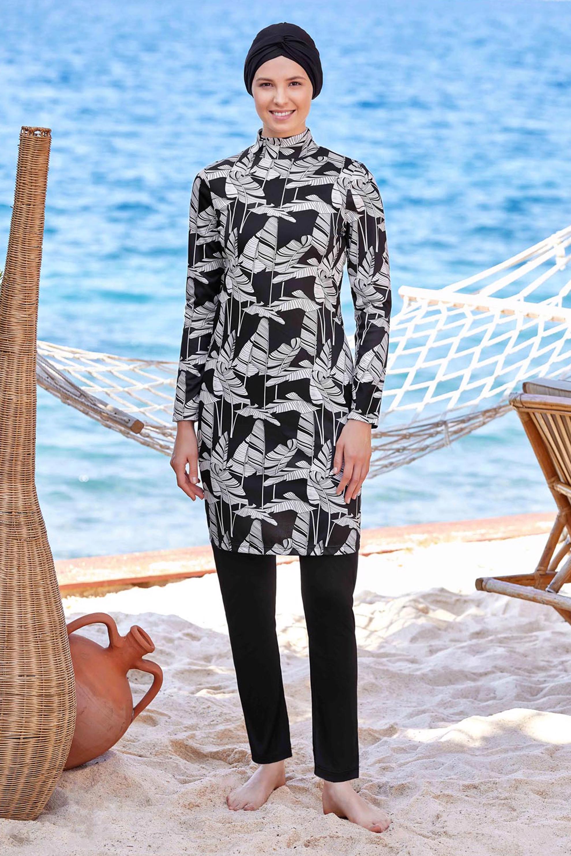 Vêtements hijab NOIR MAILLOT DE BAIN HIJAB À MOTIFS 9206