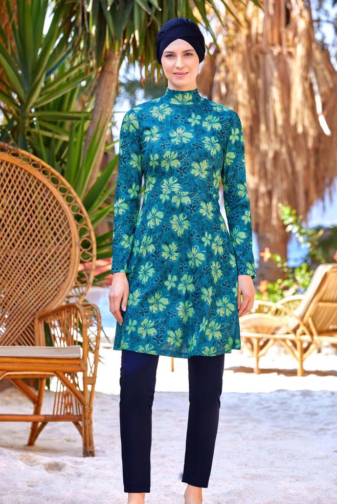 Vêtements hijab BLEU MARINE MAILLOT DE BAIN HIJAB À MOTIFS FLEURS 9221 - ALVİNA