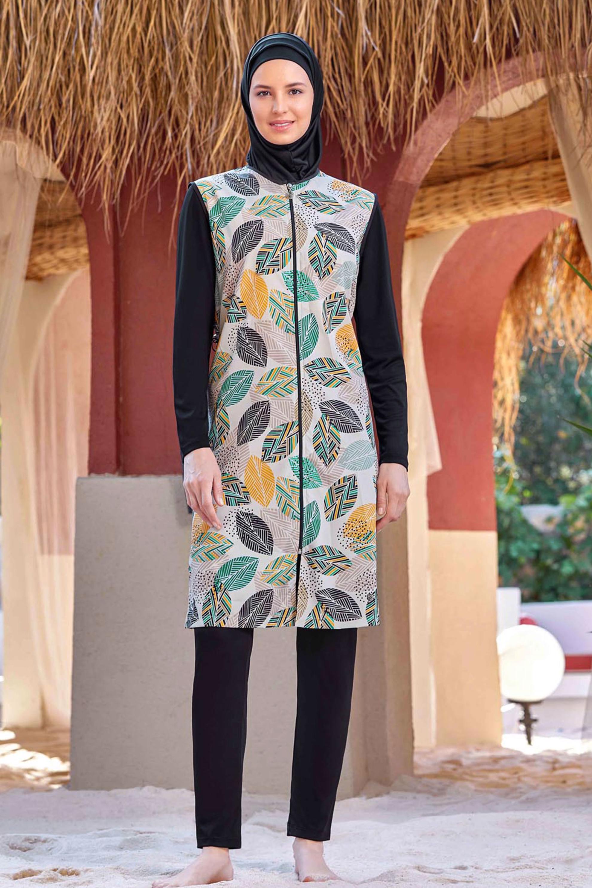 Tesettür giyim SİYAH YAPRAK DESENLİ TESETTÜR MAYO 9255