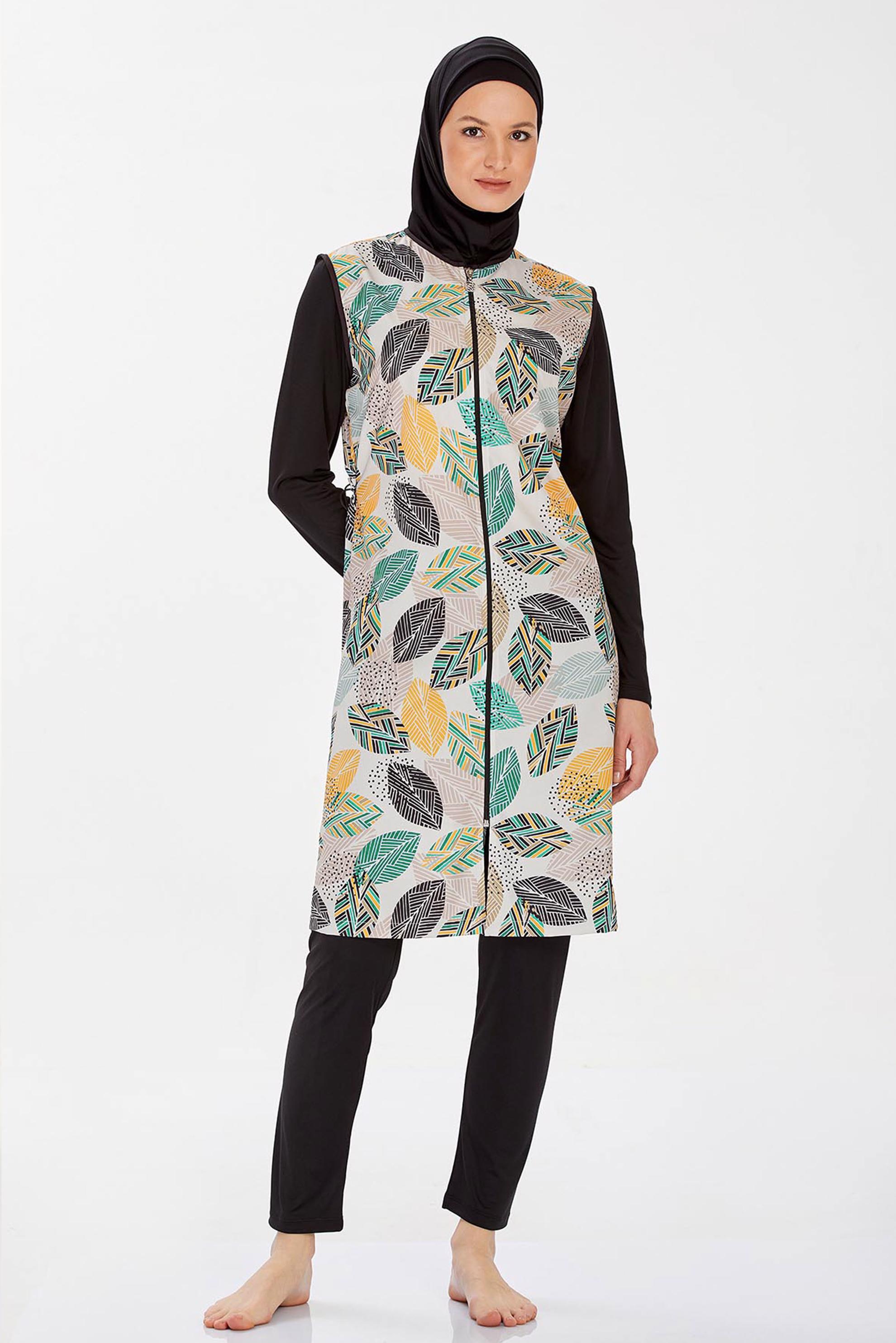 Tesettür giyim SİYAH YAPRAK DESENLİ TESETTÜR MAYO 9255