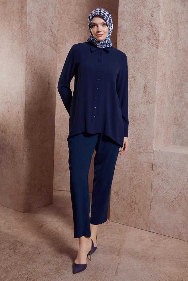 Tesettür giyim LACİVERT KEMERLİ HAVUÇ KESİM PANTOLON 70560 - ALVİNA