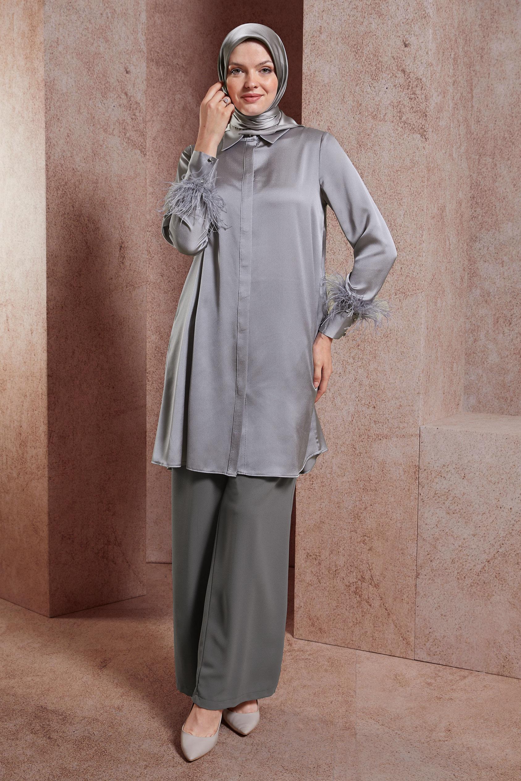 Tesettür giyim GRİ GENİŞ PAÇA PANTOLON 70604