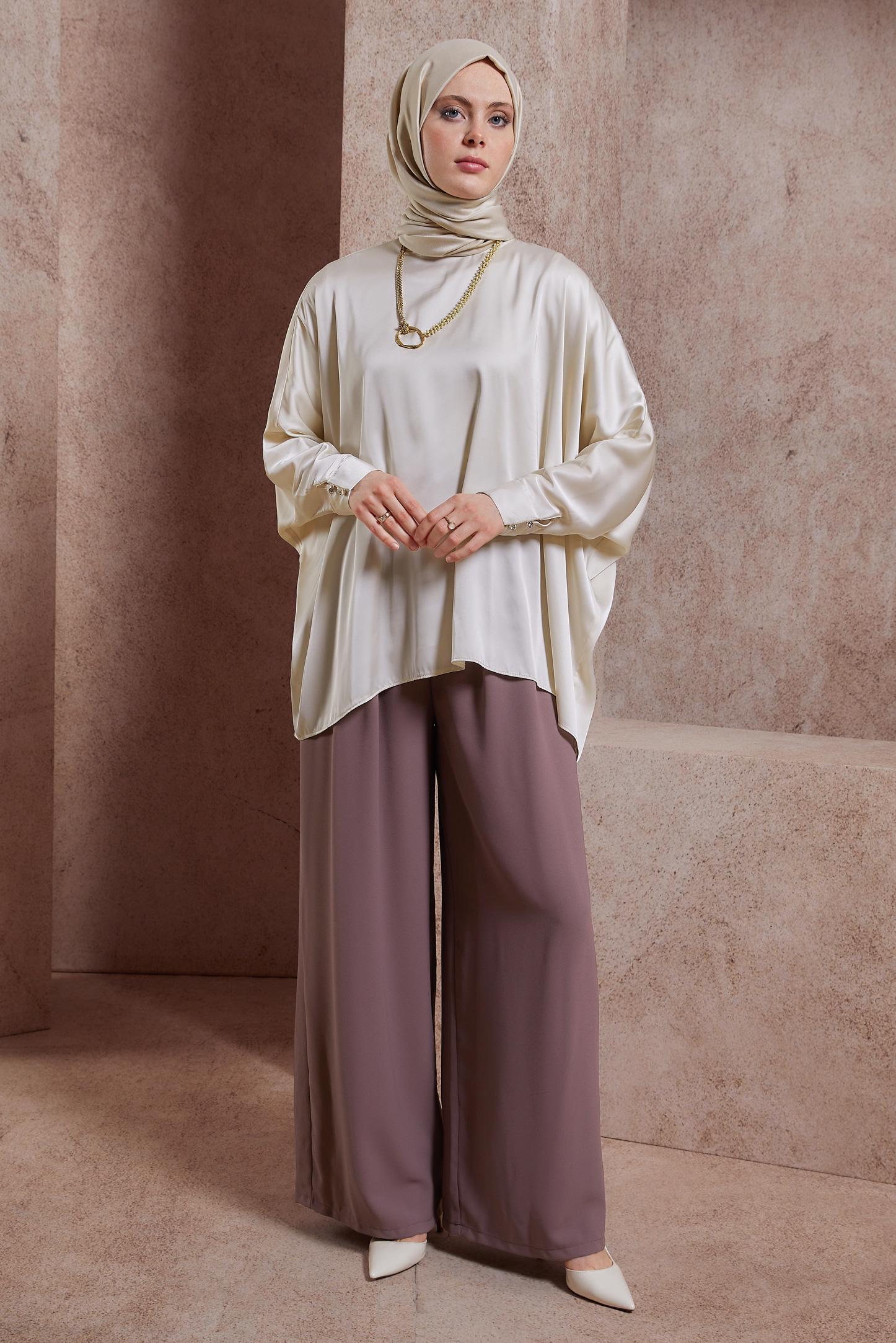 Tesettür giyim PEMBE GENİŞ PAÇA KREP PANTOLON 70702