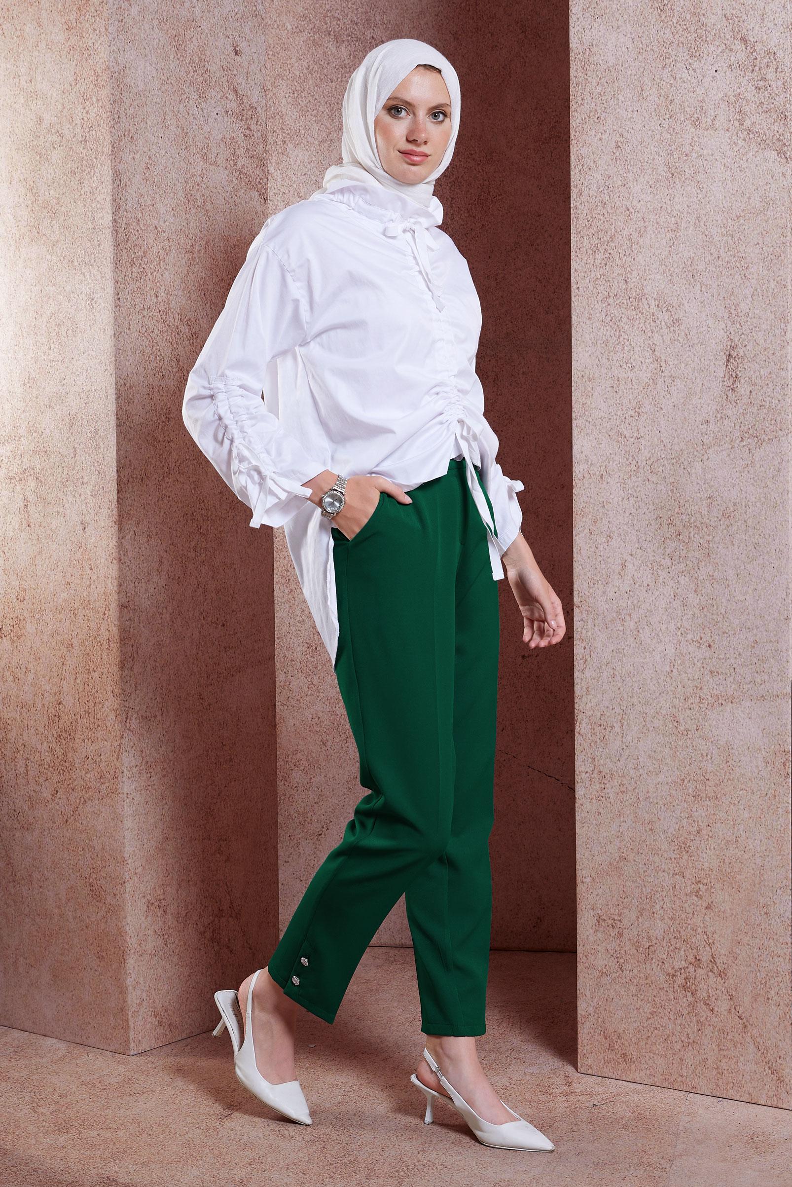 Tesettür giyim YEŞİL DÜĞME DETAYLI PANTOLON 70703