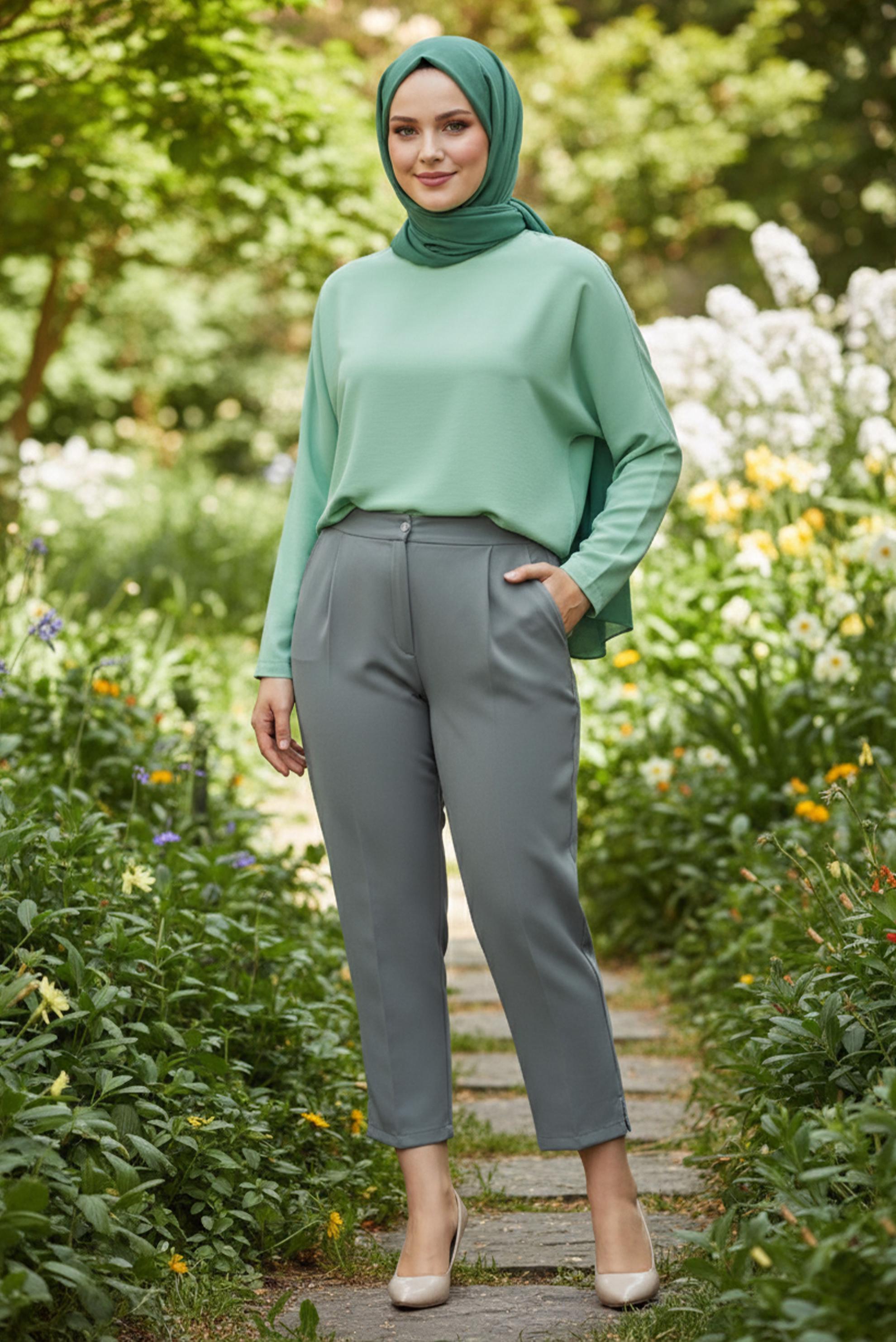 Tesettür giyim GRİ YÜKSEK BEL BÜYÜK BEDEN PANTOLON 70705