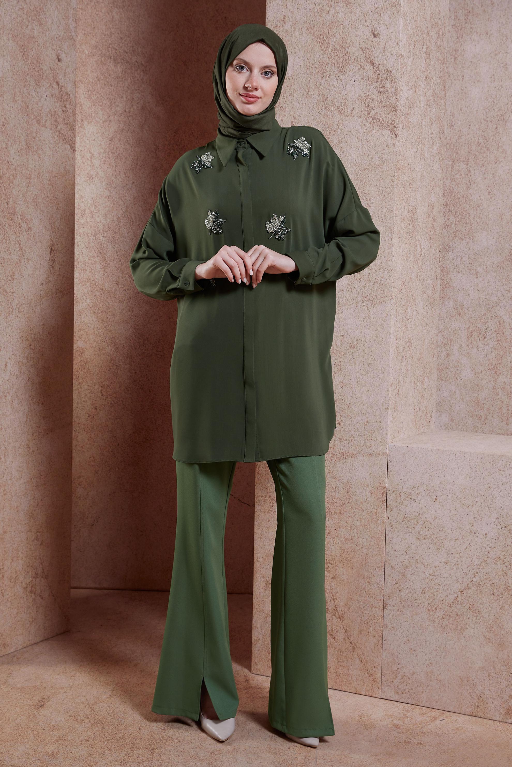 Tesettür giyim YEŞİL YIRTMAÇ DETAYLI PANTOLON 70706