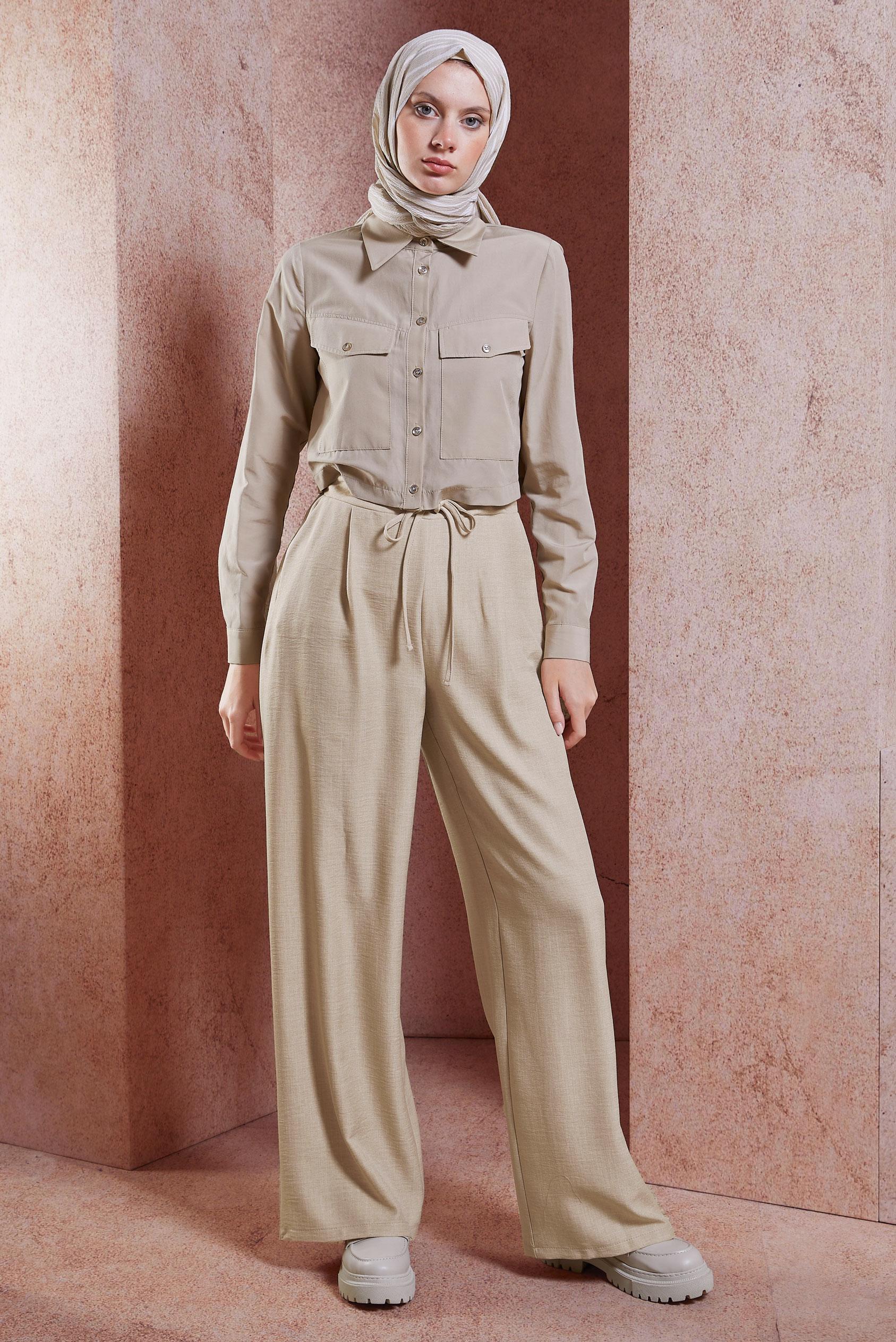 Tesettür giyim BEJ GENİŞ PAÇA PANTOLON 70708