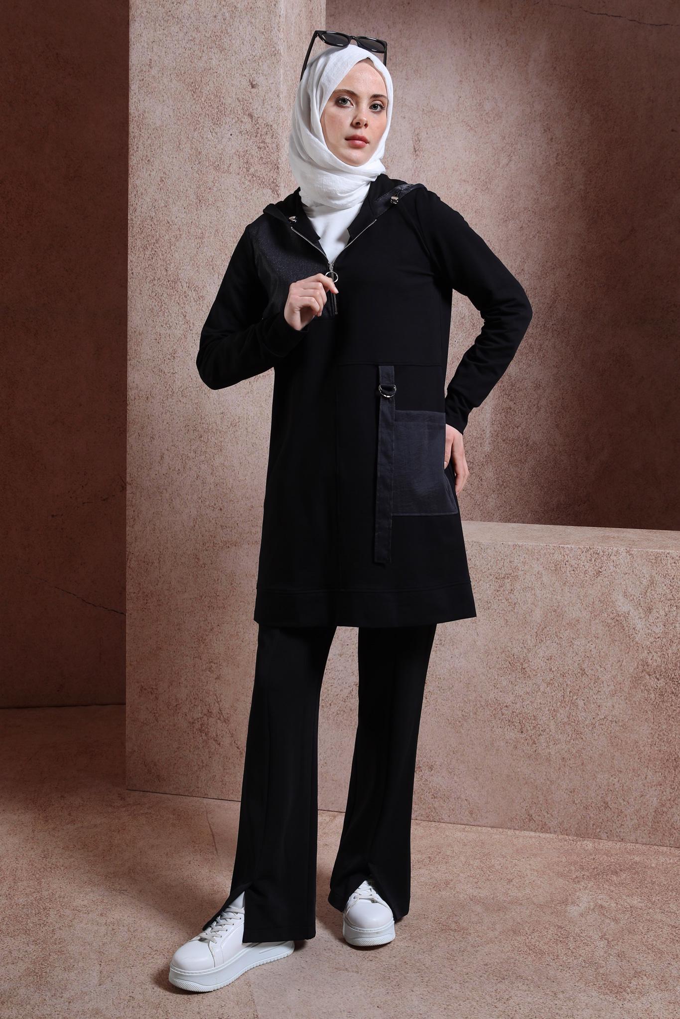 Tesettür giyim SİYAH YIRTMAÇ DETAYLI PANTOLON 70710