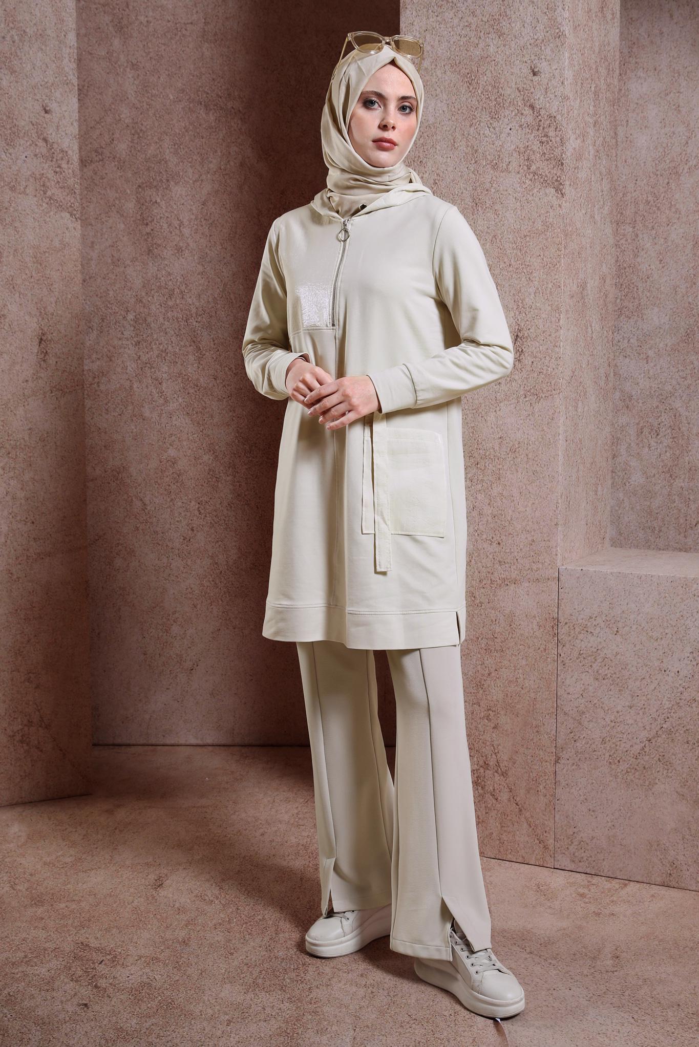 Tesettür giyim BEJ YIRTMAÇ DETAYLI PANTOLON 70710