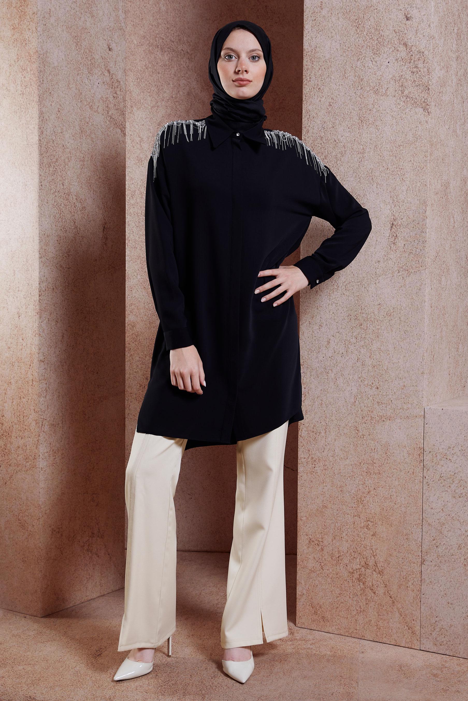 Tesettür giyim EKRU YIRTMAÇ DETAYLI PANTOLON 70716