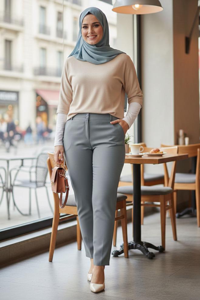 Vêtements hijab GRIS PANTALON JAMBES SKINNY GRANDE TAILLE 70717 - ALVİNA