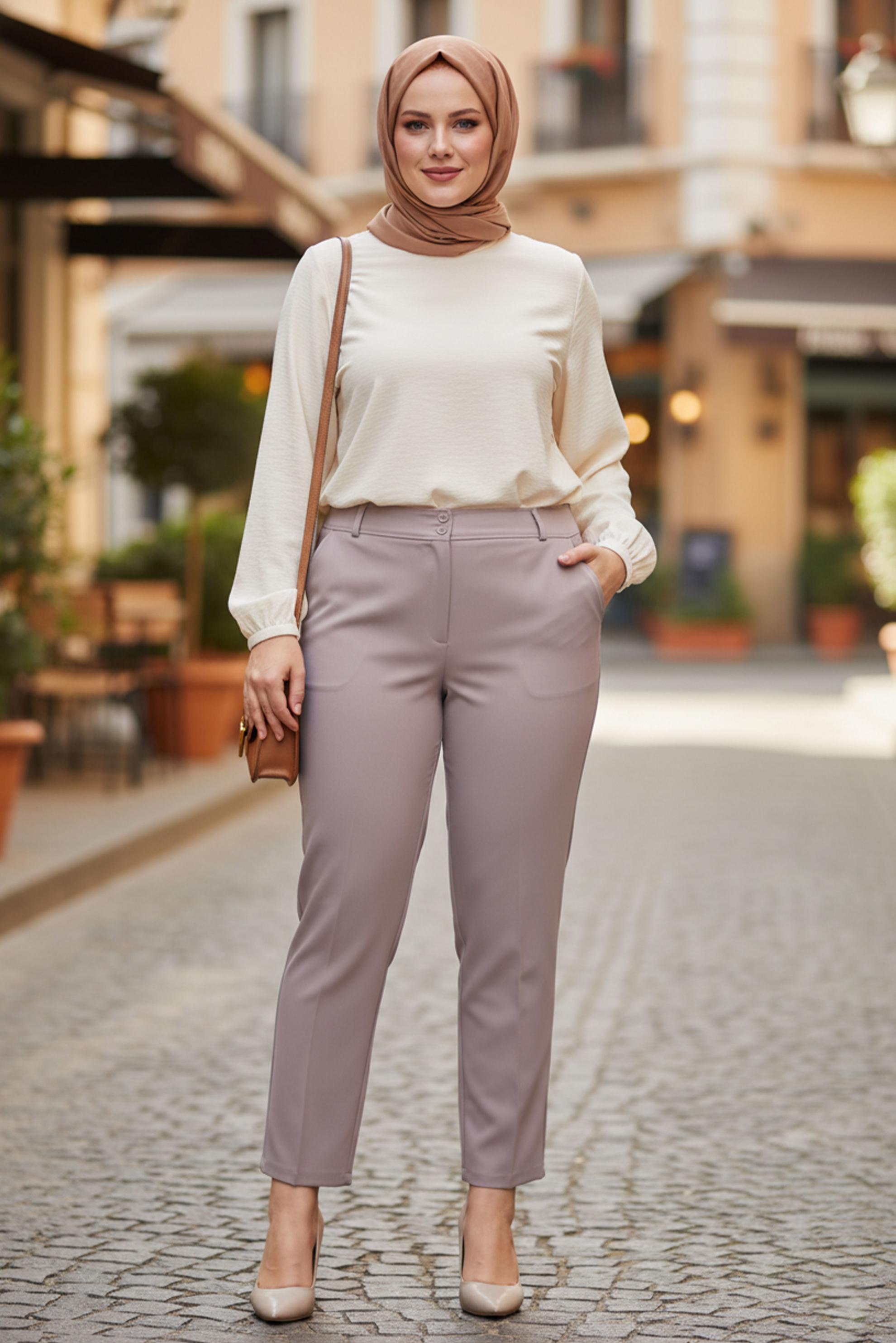 Tesettür giyim PUDRA BÜYÜK BEDEN BORU PAÇA PANTOLON 70723