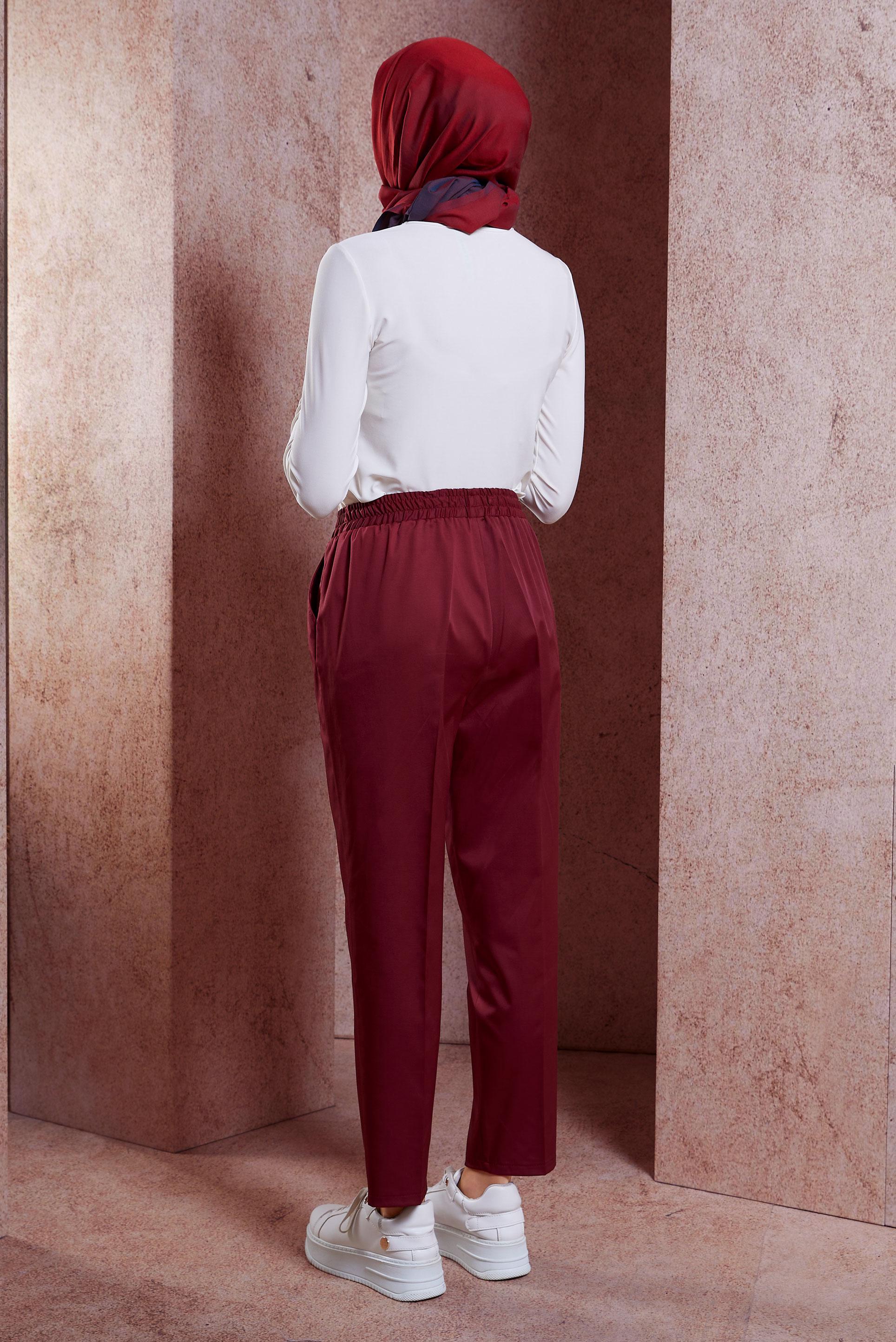 Tesettür giyim BORDO BELİ LASTİKLİ PANTOLON 70724
