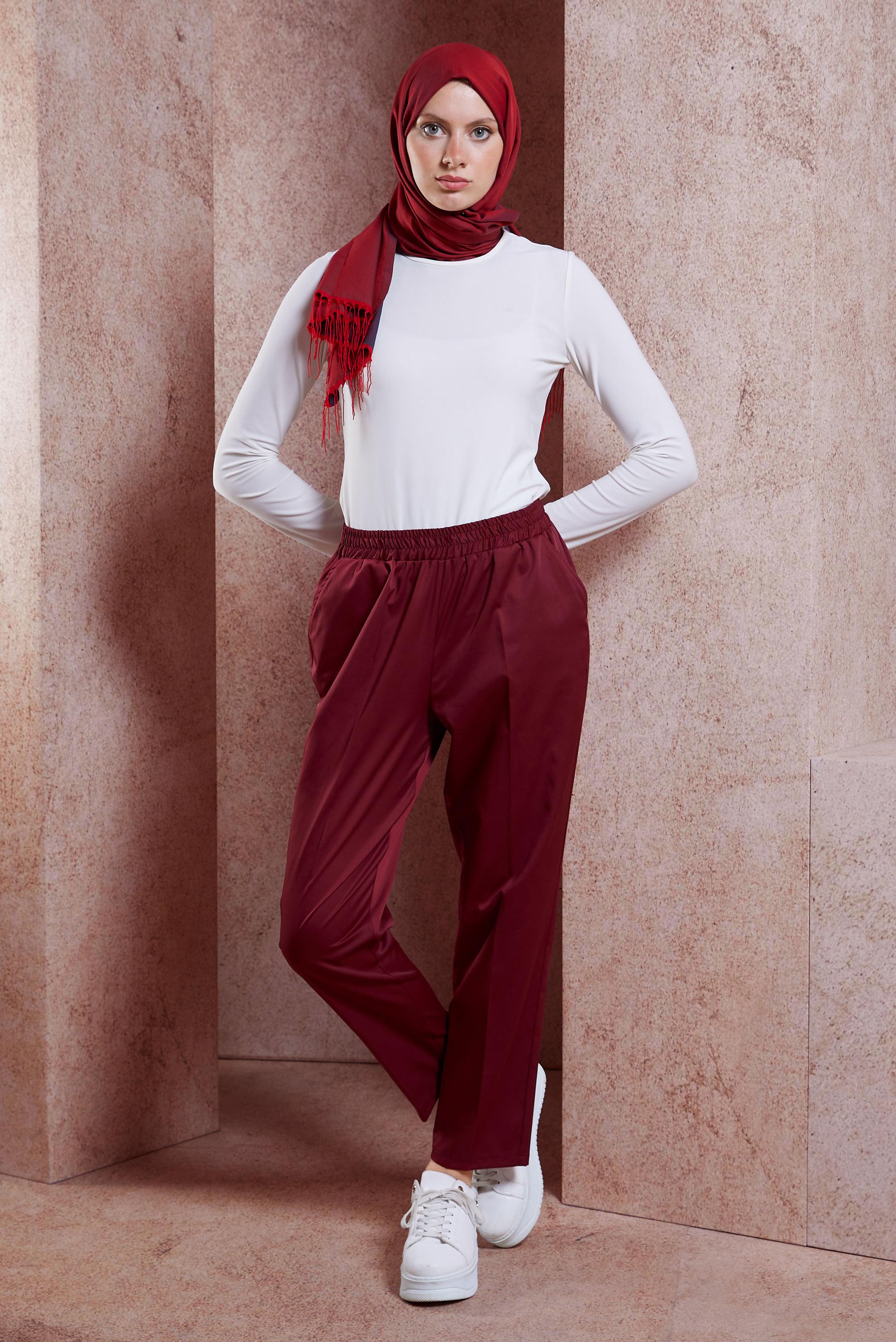 Tesettür giyim BORDO BELİ LASTİKLİ PANTOLON 70724