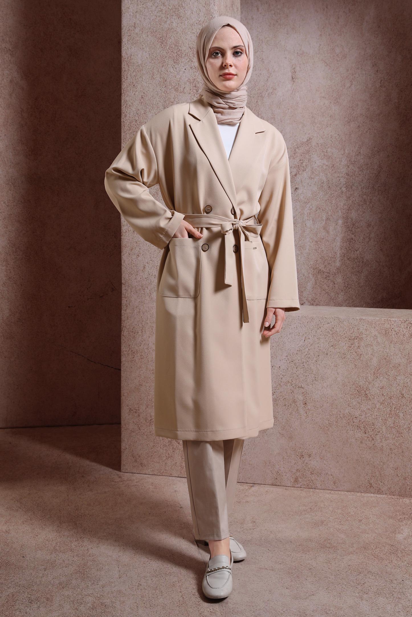 Tesettür giyim BEJ BELİ LASTİKLİ PANTOLON 70724