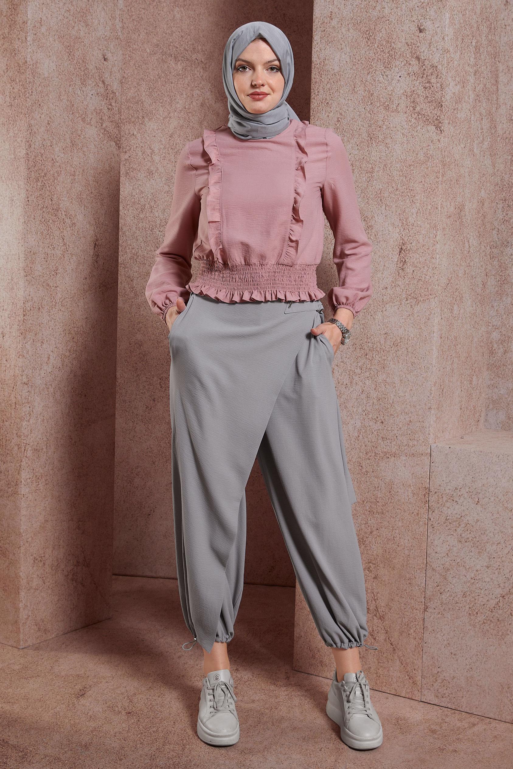 Tesettür giyim GRİ ŞALVAR KESİM PANTOLON 70726