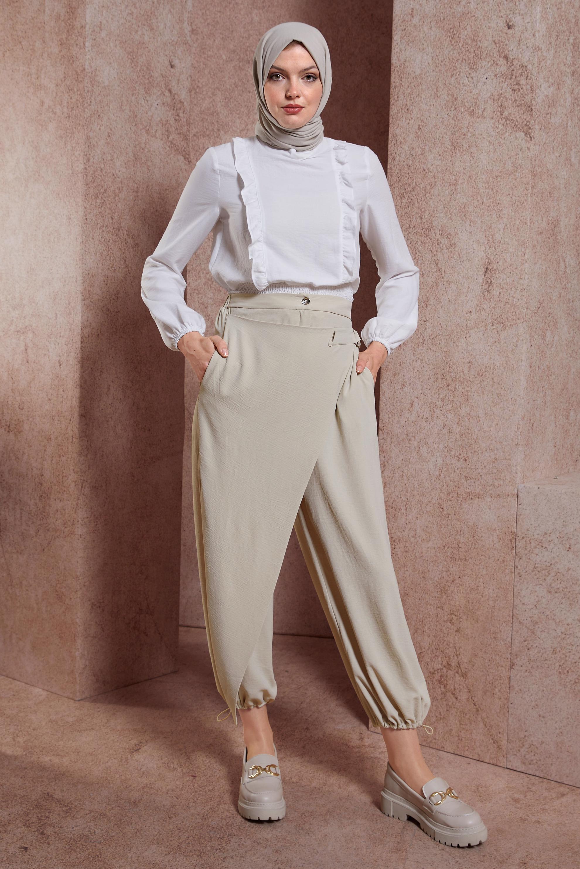 Tesettür giyim BEJ ŞALVAR KESİM PANTOLON 70726