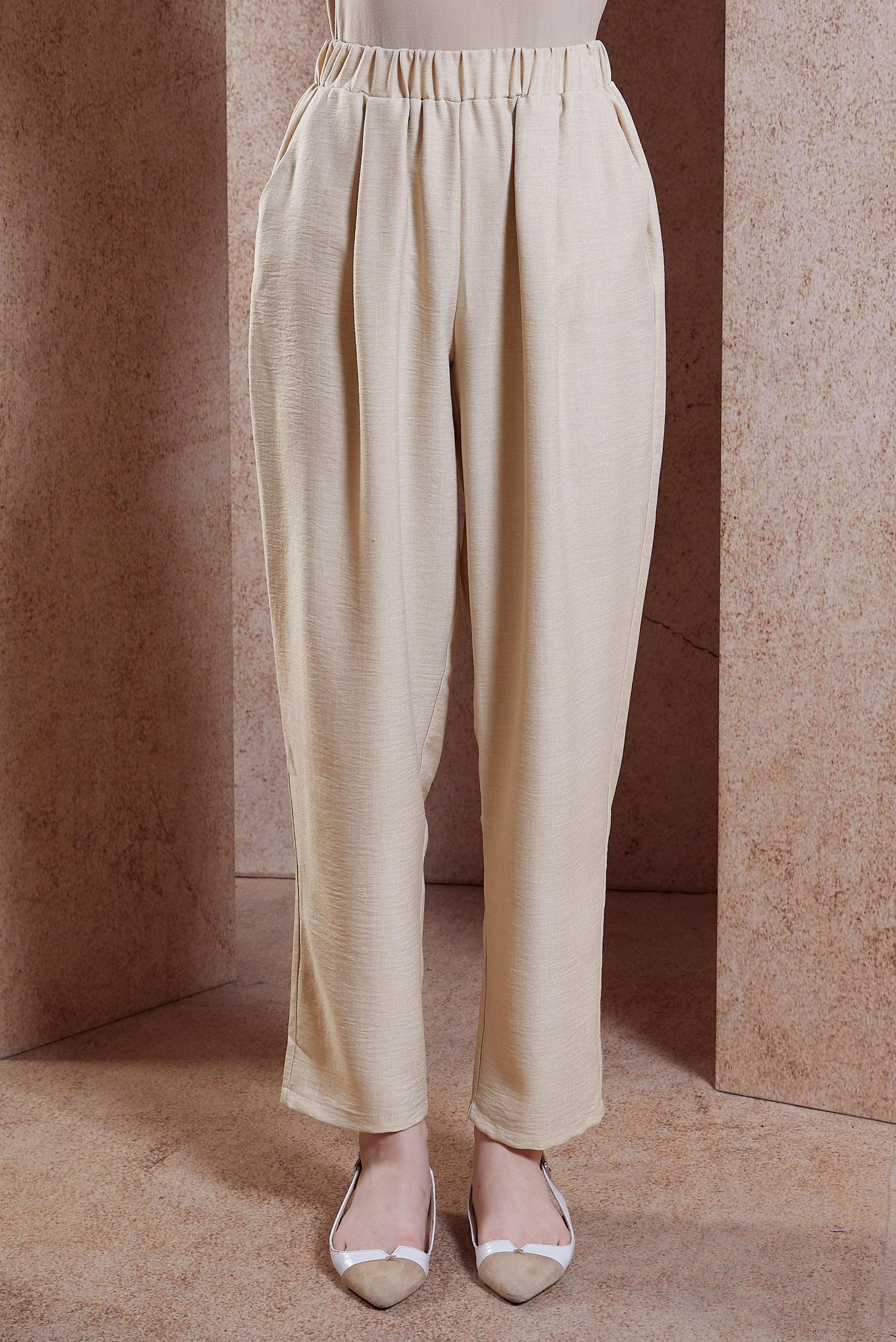 Tesettür giyim BEJ BELİ LASTİKLİ PANTOLON 70727