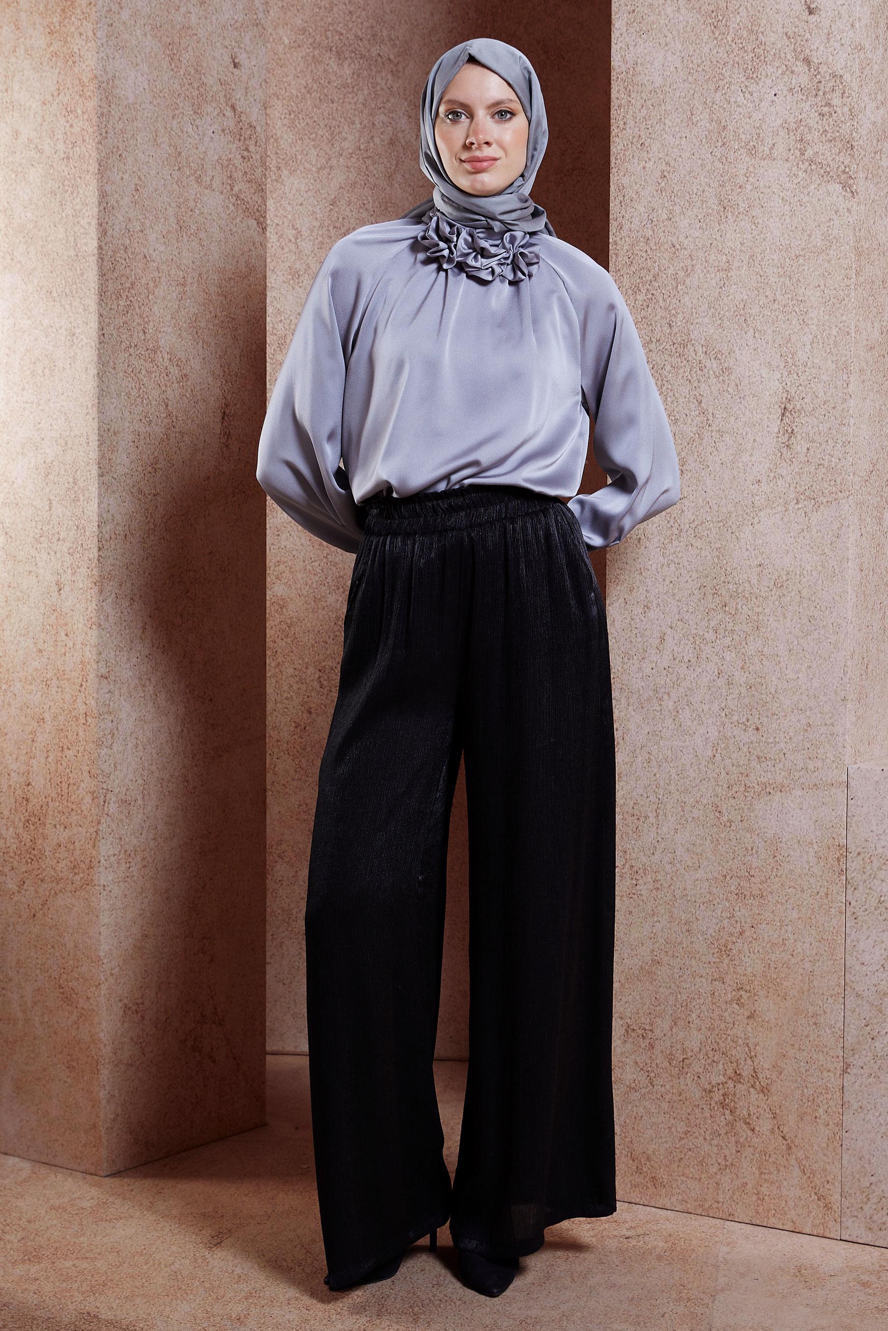 Tesettür giyim SİYAH SATEN DOKULU BÜRÜMCÜK PANTOLON 70731