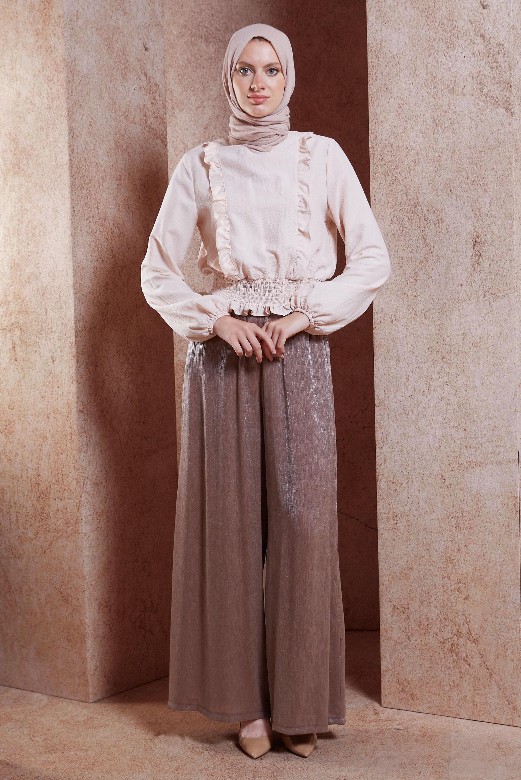 Tesettür giyim KAHVE SATEN DOKULU BÜRÜMCÜK PANTOLON 70731