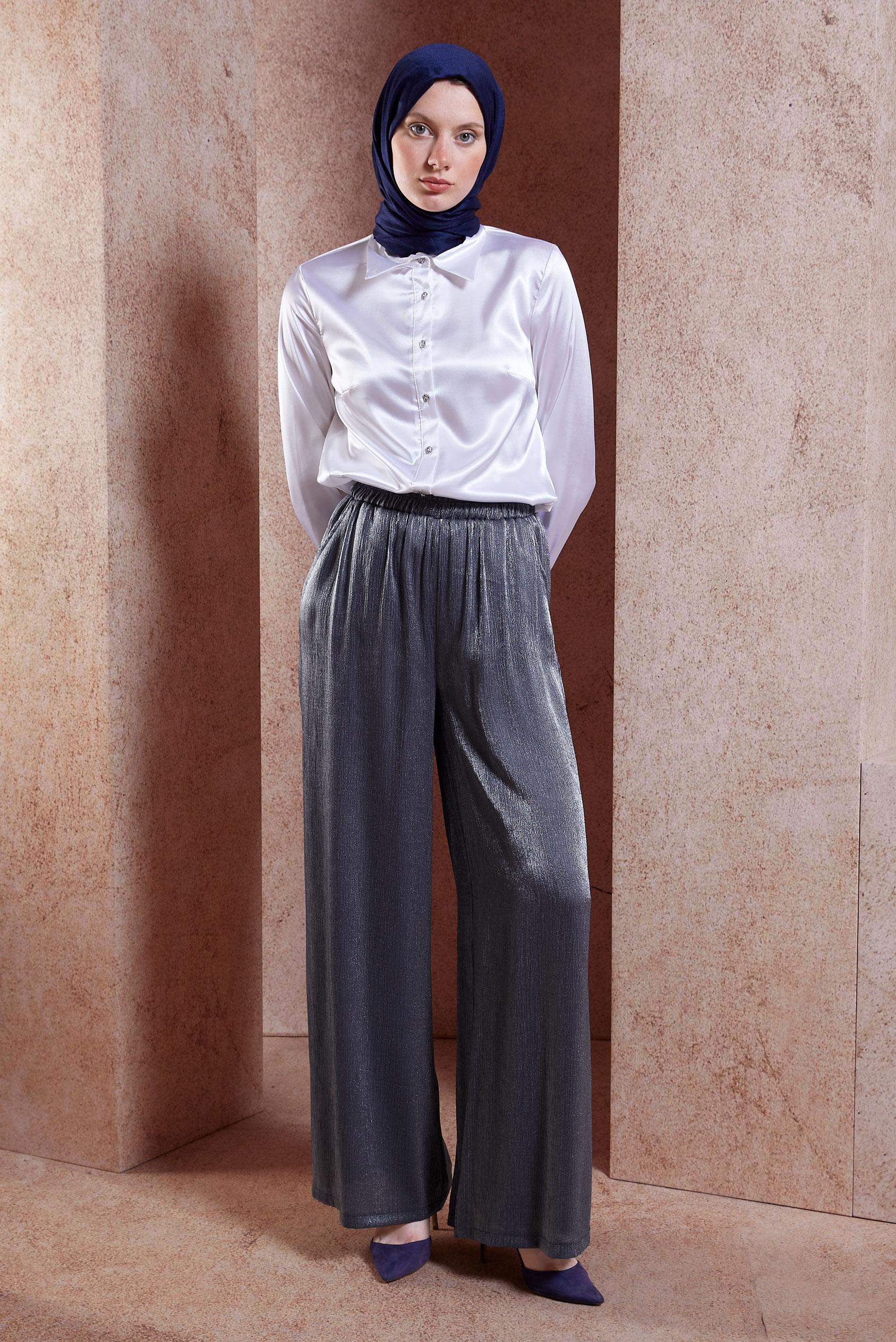 Tesettür giyim LACİVERT SATEN DOKULU BÜRÜMCÜK PANTOLON 70731