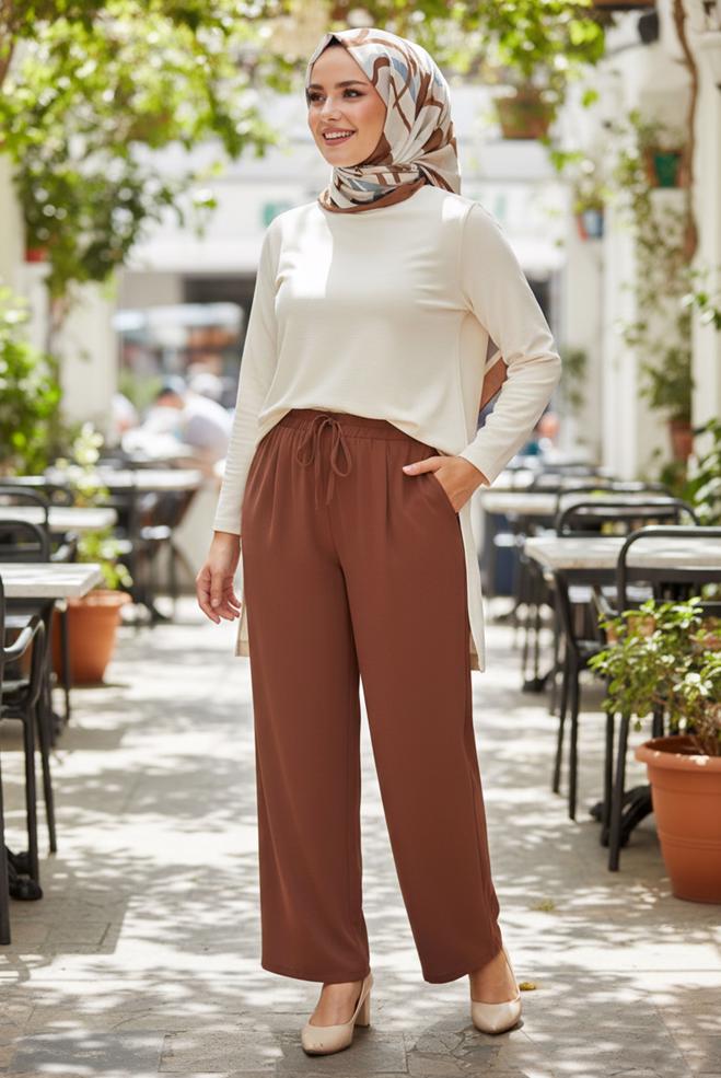 Vêtements hijab BRUN PANTALON TAILLE ÉLASTIQUE GRANDE TAILLE 70732 - ALVİNA