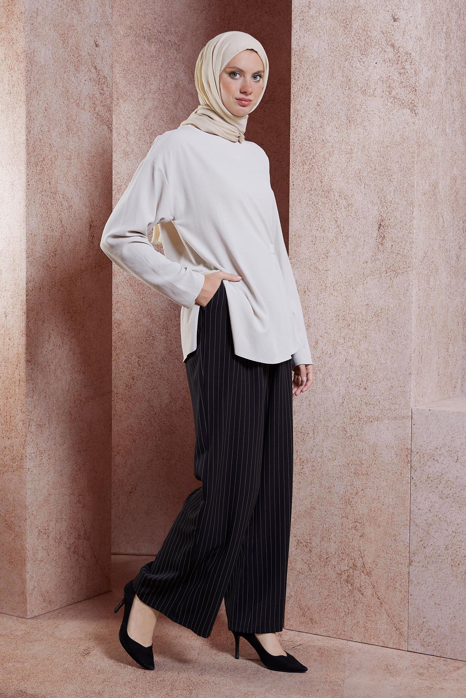 Tesettür giyim SİYAH ÇİZGİLİ GENİŞ PAÇA PANTOLON 70734