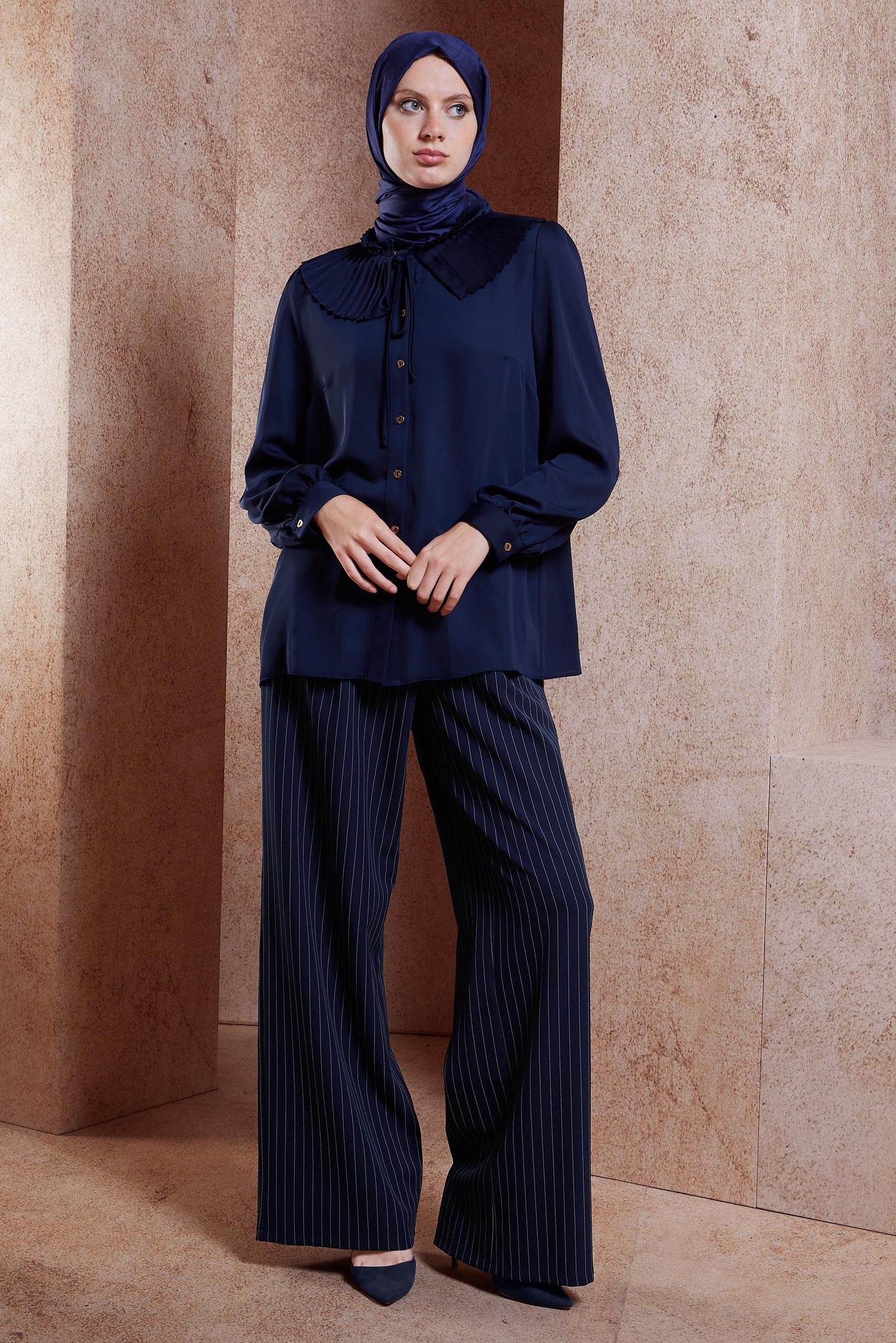 Tesettür giyim LACİVERT ÇİZGİLİ GENİŞ PAÇA PANTOLON 70734