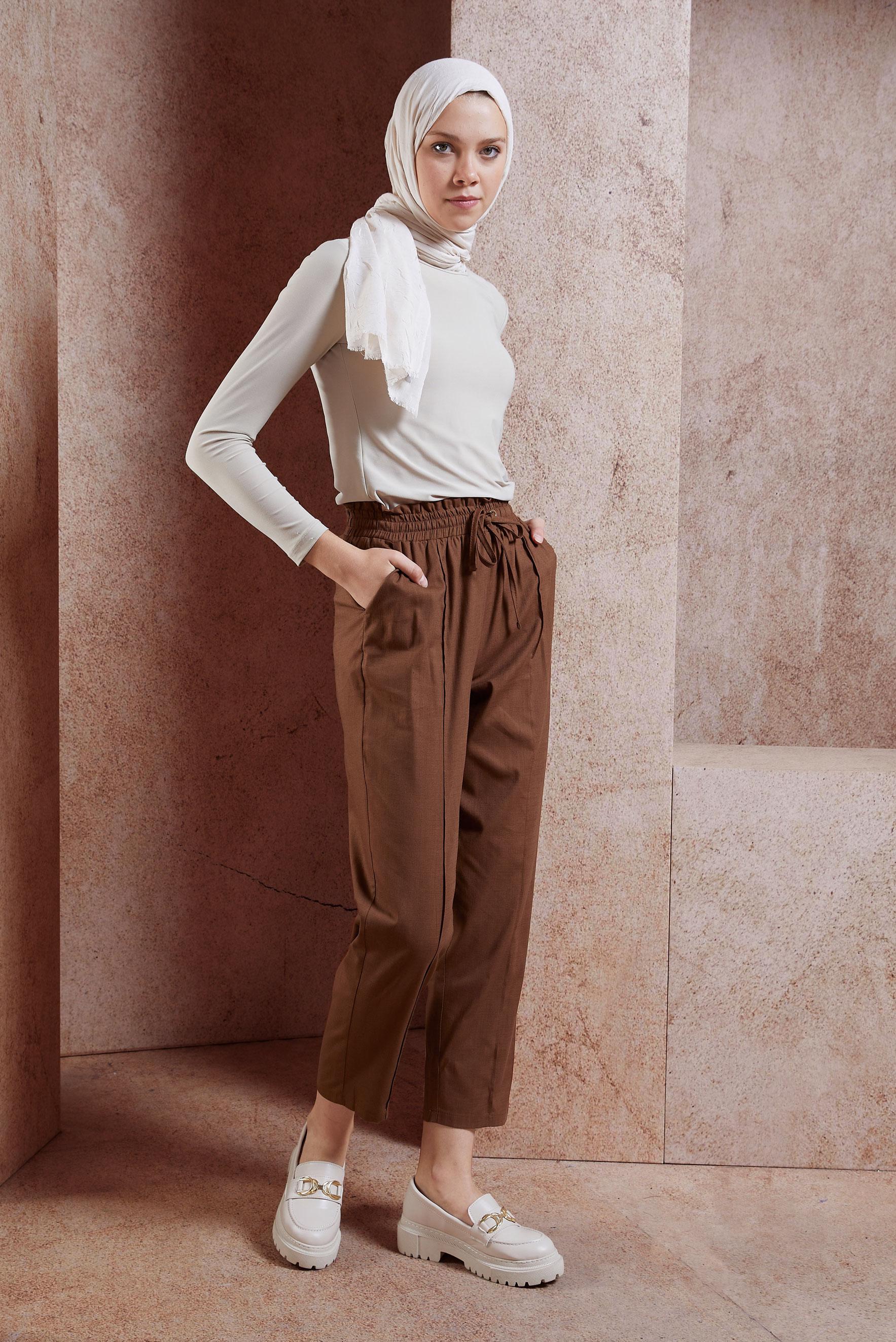 Tesettür giyim KAHVE BELİ LASTİKLİ PANTOLON 70749
