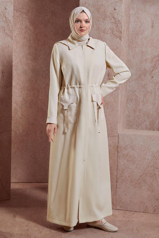 Tesettür giyim EKRU KAPÜŞONLU PARDESÜ 10884 - ALVİNA