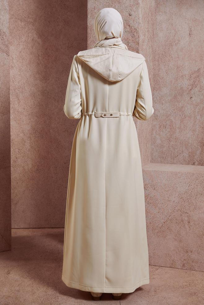 Tesettür giyim EKRU KAPÜŞONLU PARDESÜ 10884 - ALVİNA