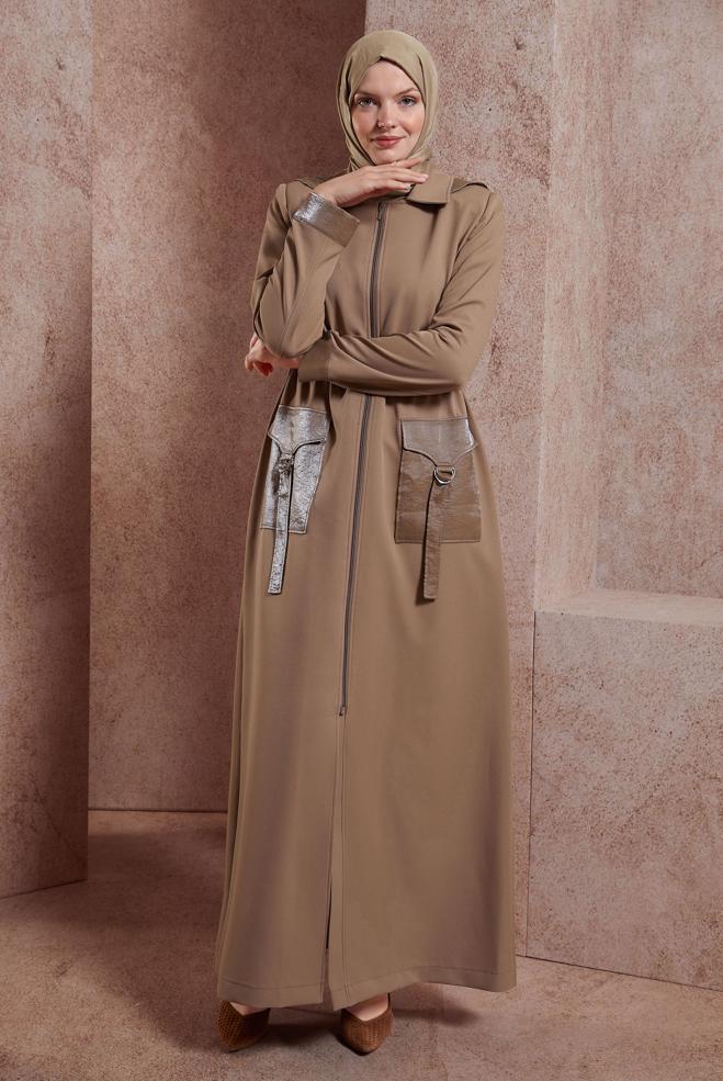 Tesettür giyim KAHVE KAPÜŞONLU PARDESÜ 10884 - ALVİNA