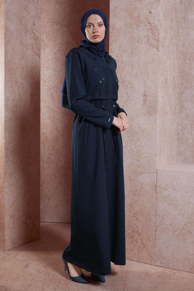 Vêtements hijab BLEU MARINE MANTEAU MODESTE À CAPUCHE 10886 - ALVİNA