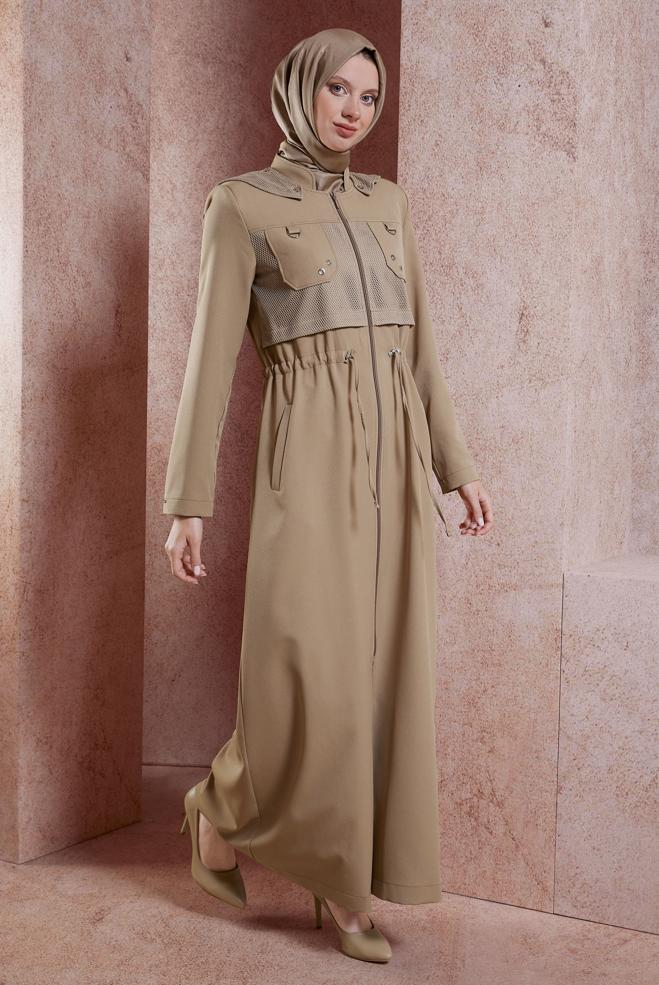 Tesettür giyim KAHVE KAPÜŞONLU TESETTÜR PARDESÜ 10886 - ALVİNA