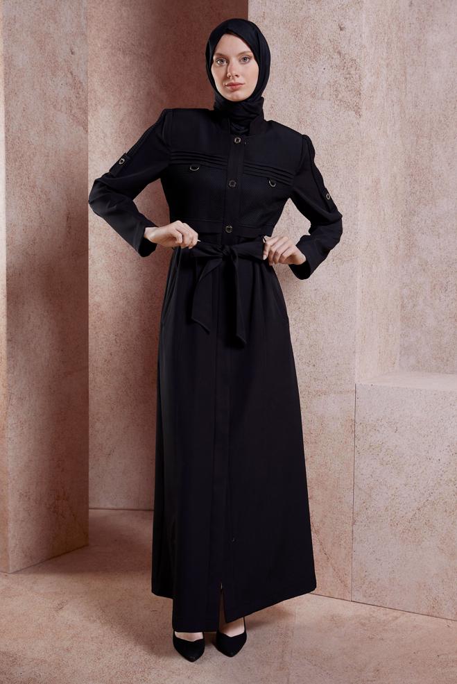 Tesettür giyim SİYAH KUŞAKLI PARDESÜ 10887 - ALVİNA