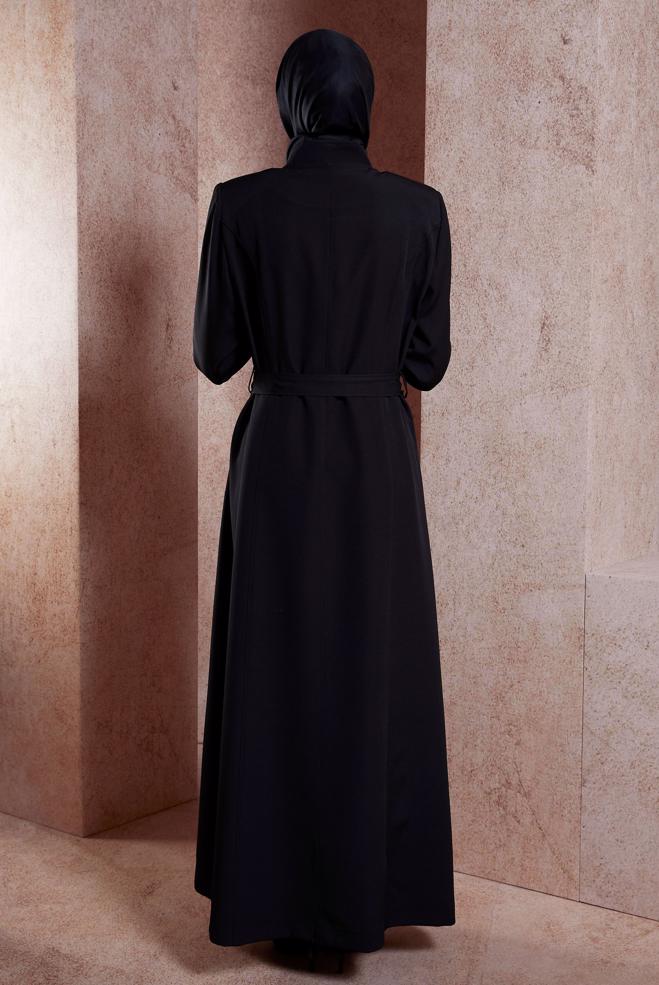 Tesettür giyim SİYAH KUŞAKLI PARDESÜ 10887 - ALVİNA