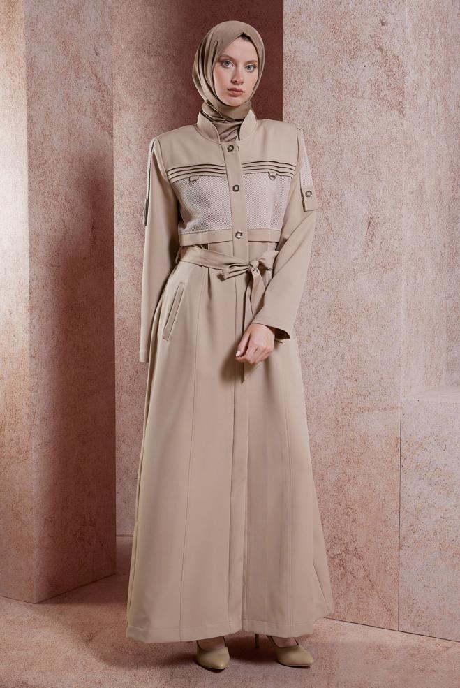 Tesettür giyim KAHVE KUŞAKLI PARDESÜ 10887 - ALVİNA