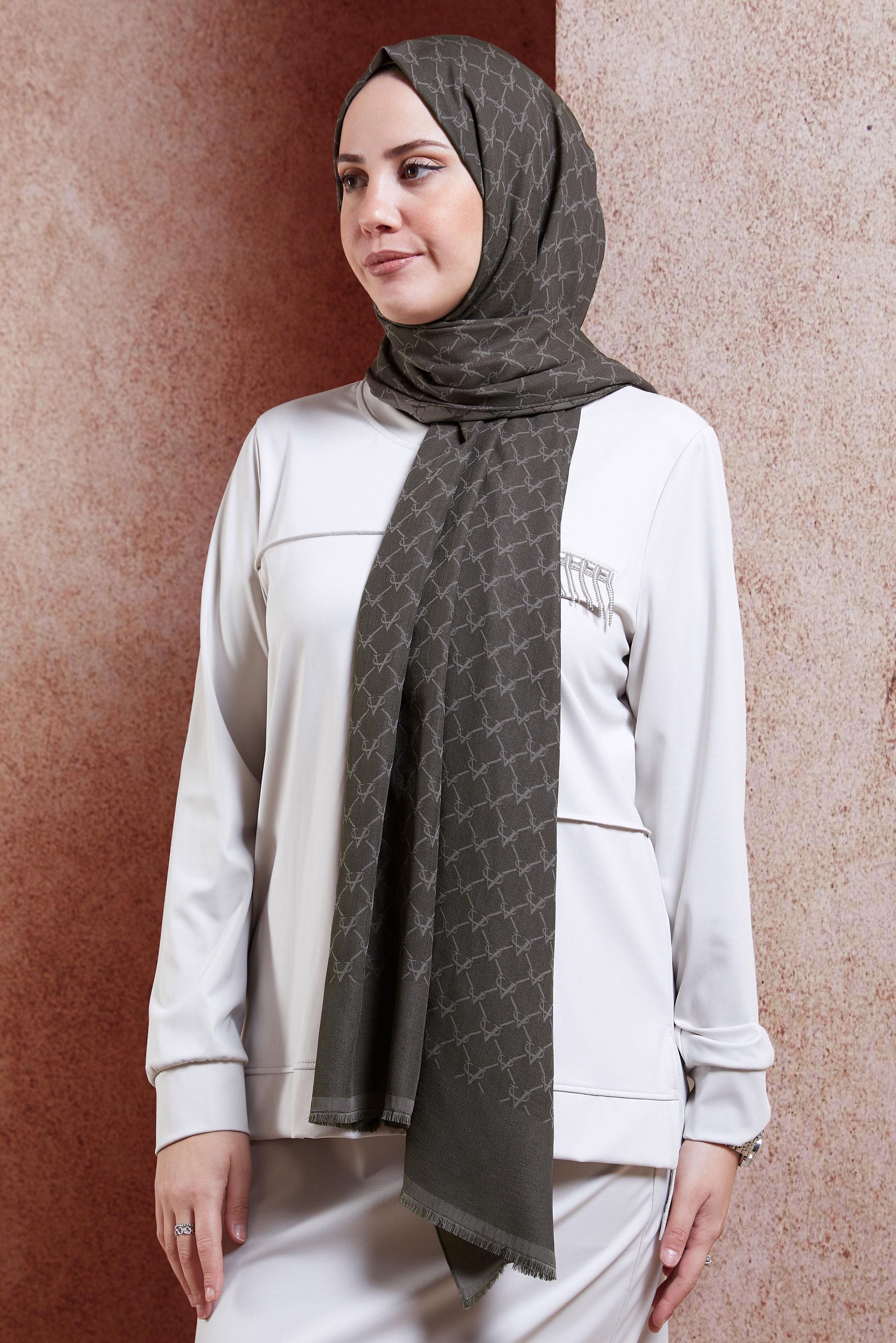 Tesettür giyim KAHVE ALVİNA MONOGRAM ŞAL 3100