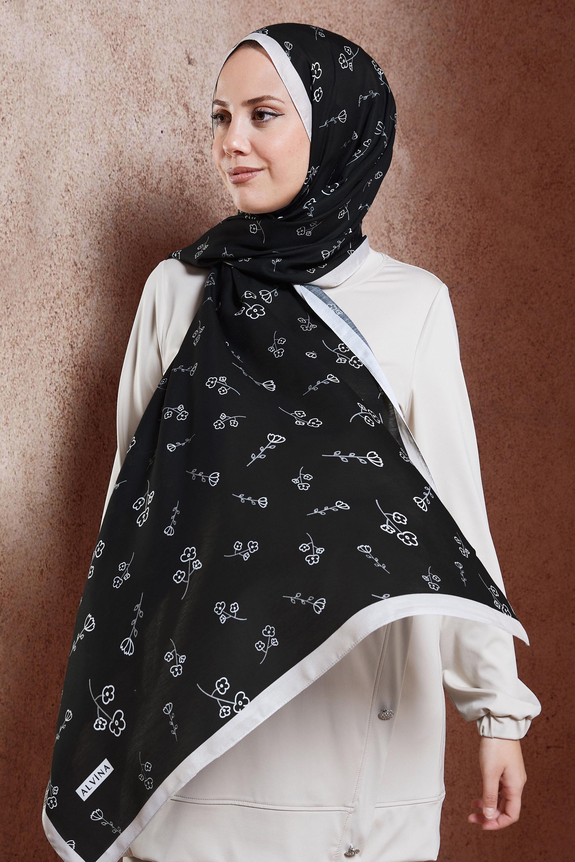 Tesettür giyim SİYAH ALVİNA ÇİÇEK DESENLİ ŞAL 7469