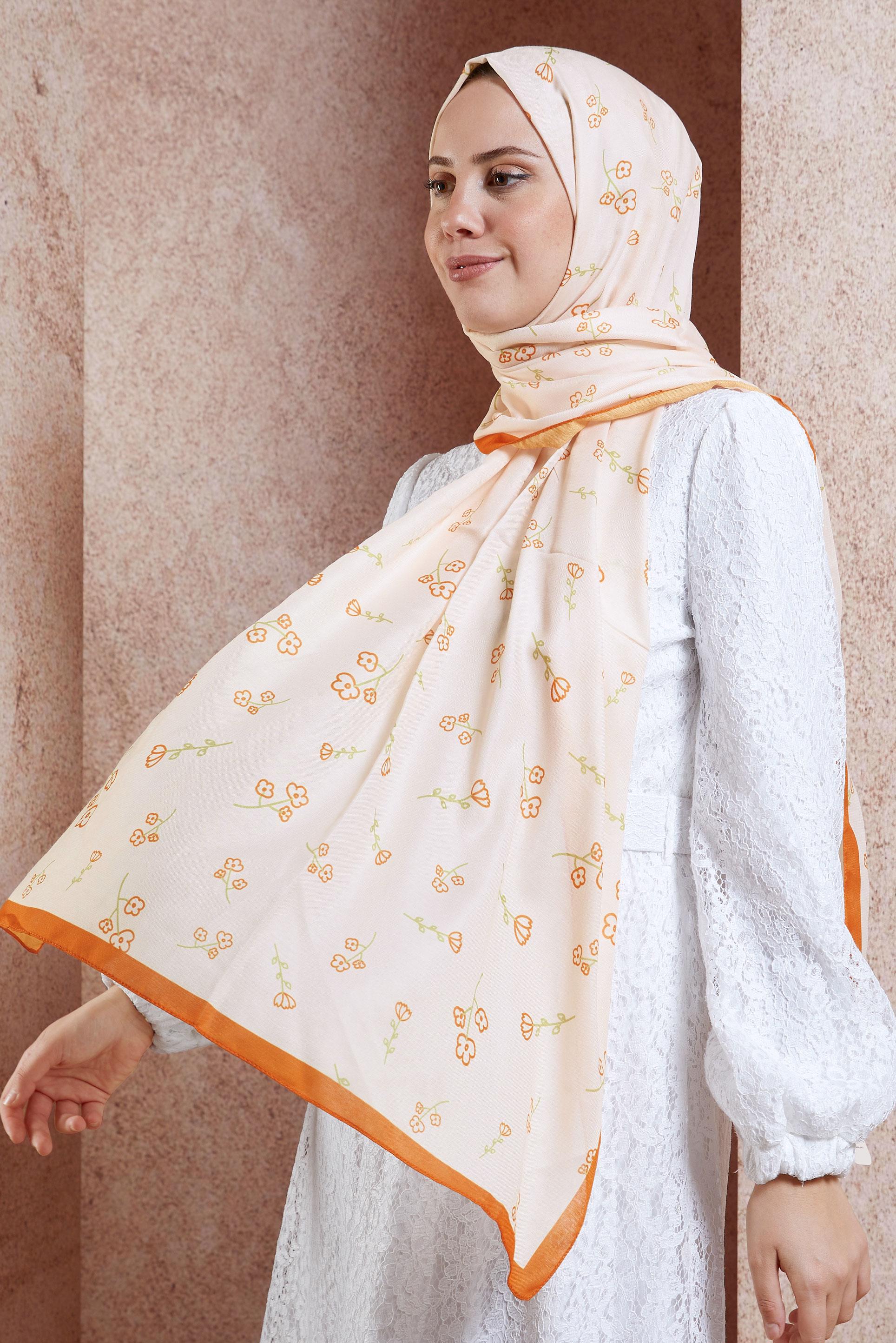 Tesettür giyim TURUNCU ALVİNA ÇİÇEK DESENLİ ŞAL 7469