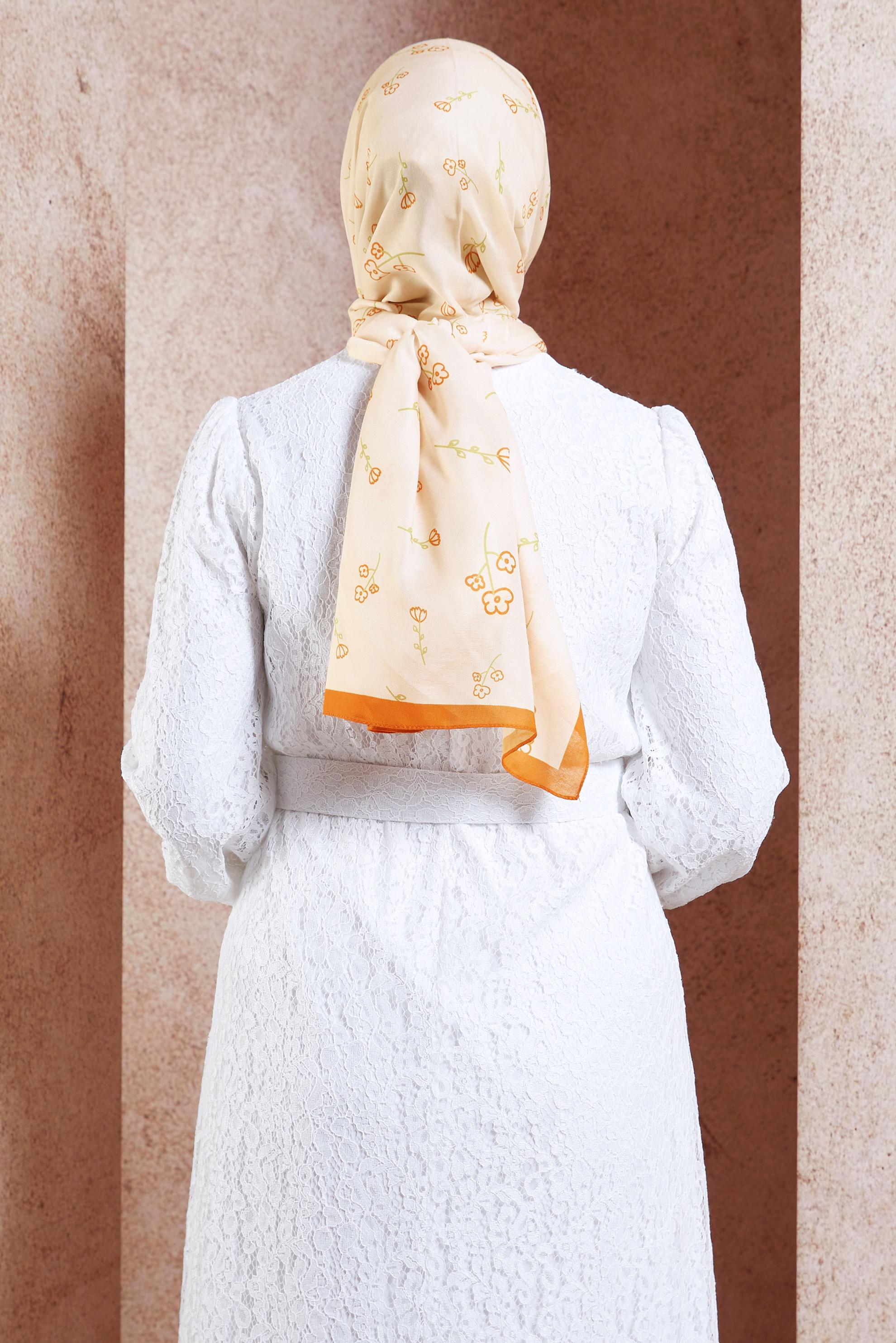 Tesettür giyim TURUNCU ALVİNA ÇİÇEK DESENLİ ŞAL 7469