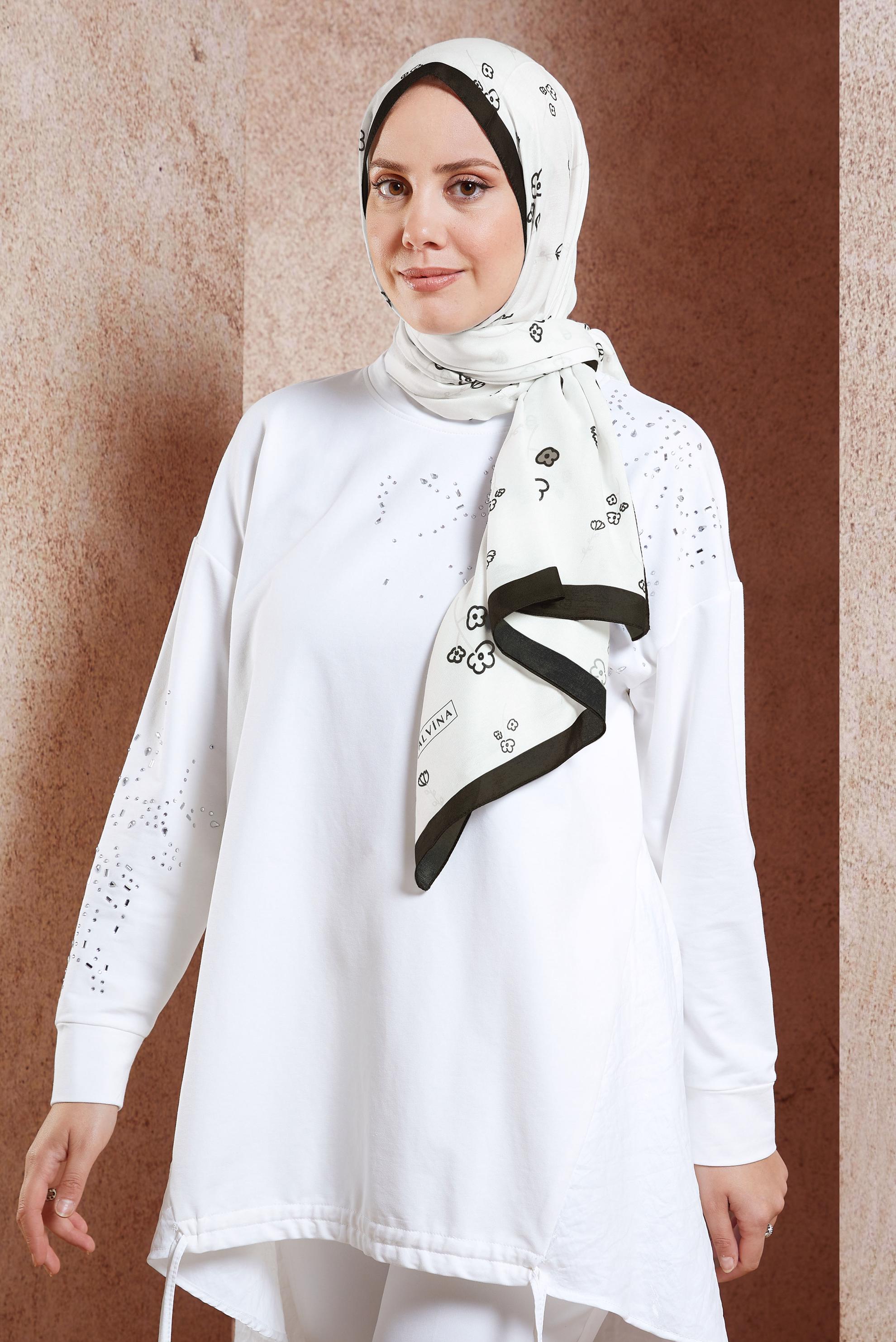 Tesettür giyim EKRU ALVİNA ÇİÇEK DESENLİ ŞAL 7469