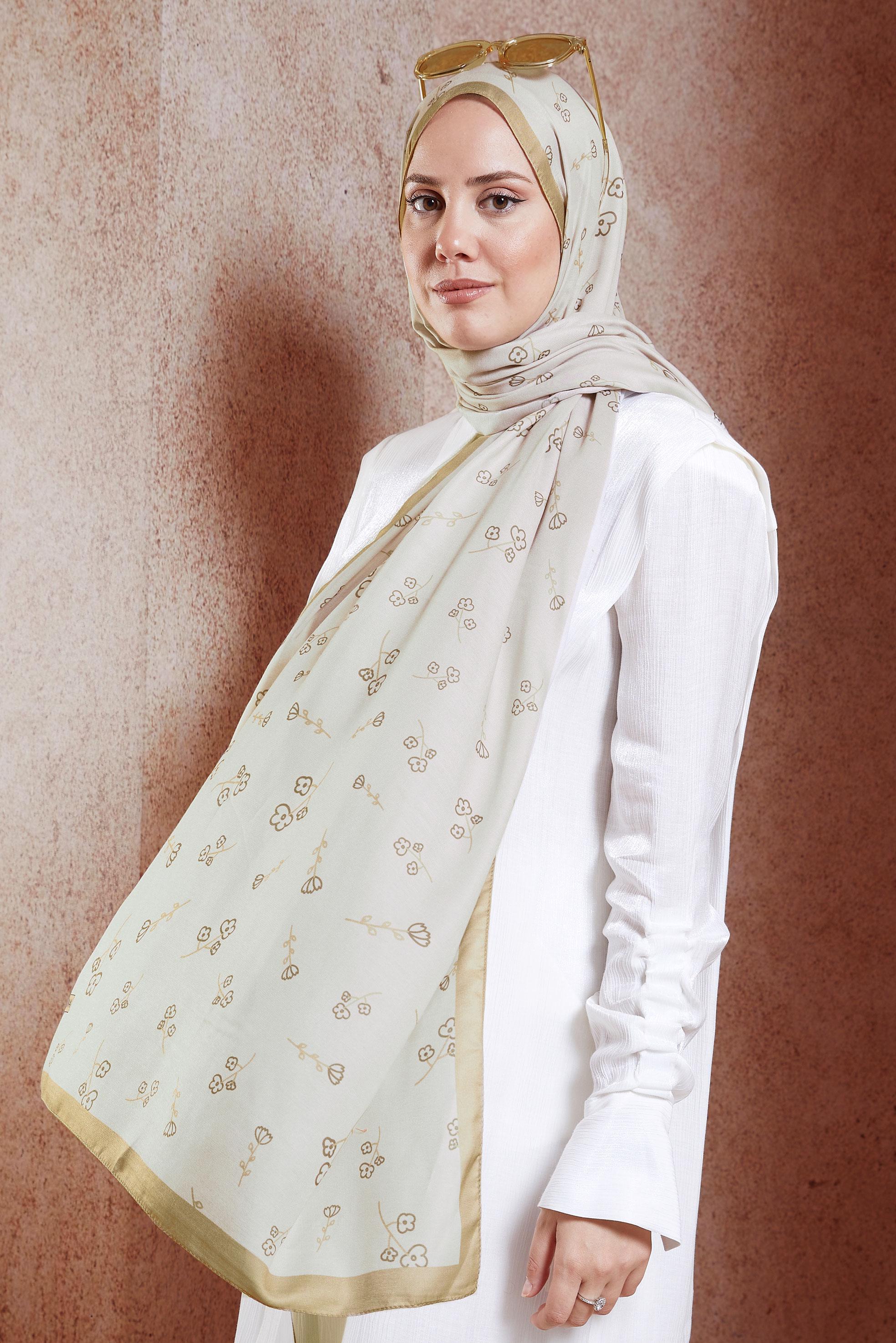 Tesettür giyim BEJ ALVİNA ÇİÇEK DESENLİ ŞAL 7469