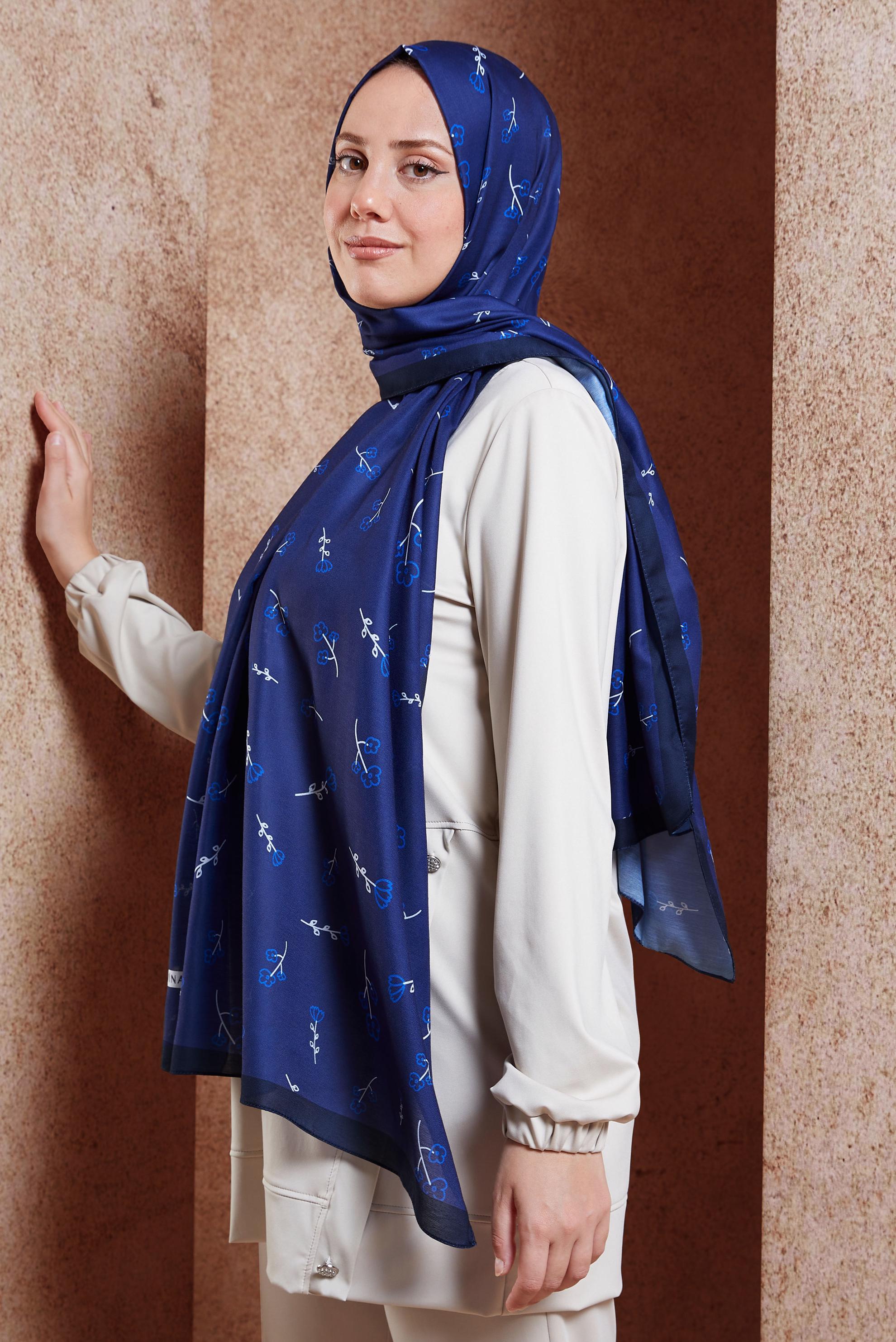 Tesettür giyim LACİVERT ALVİNA ÇİÇEK DESENLİ ŞAL 7469